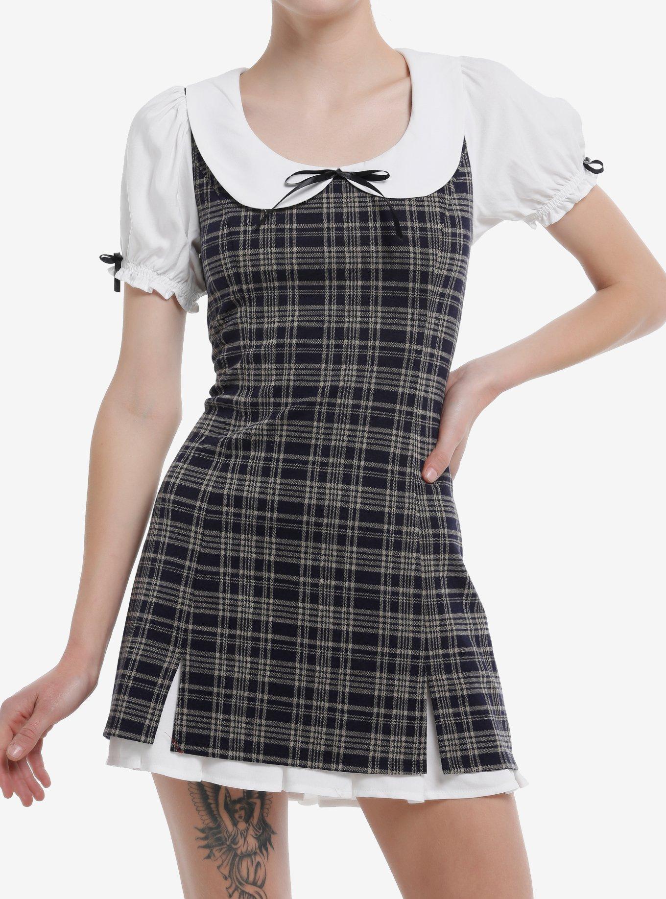 Thorn & Fable Brown & Black Plaid Puff Sleeve Collar Mini Dress, , hi-res