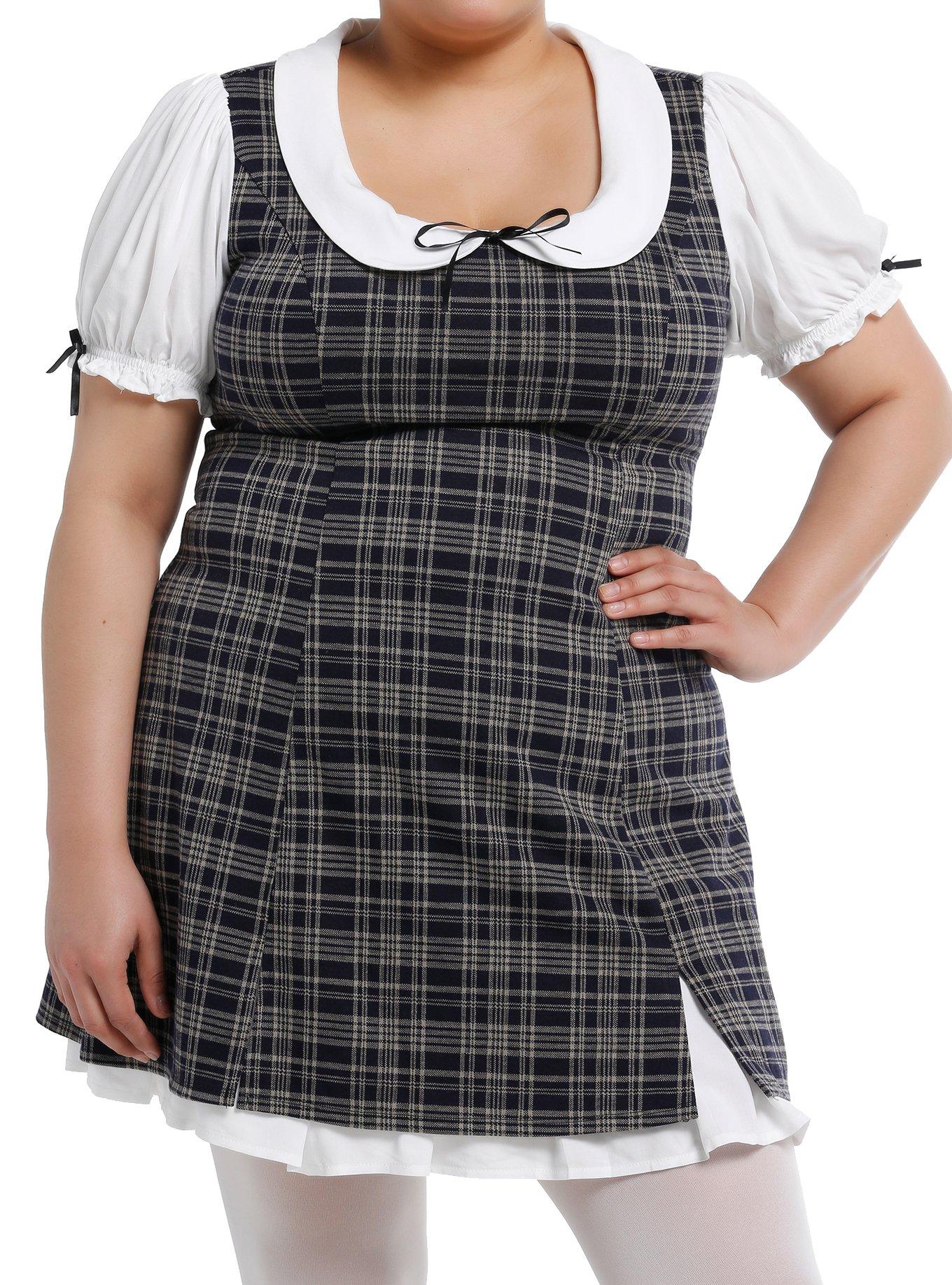 Thorn & Fable Brown & Black Plaid Puff Sleeve Collar Mini Dress Plus Size, , hi-res