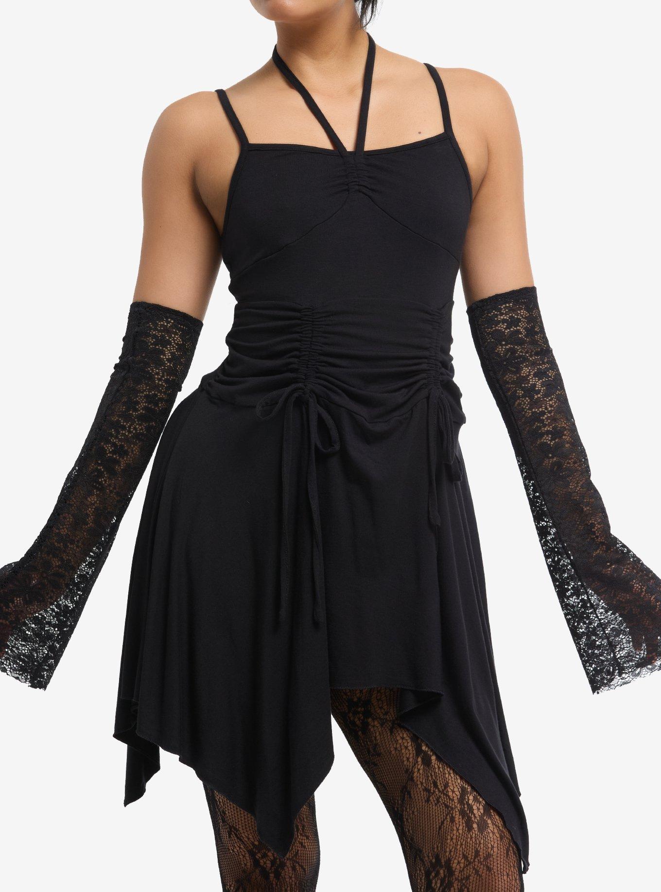 Cosmic Aura Black Ruched Hanky Hem Dress, , hi-res