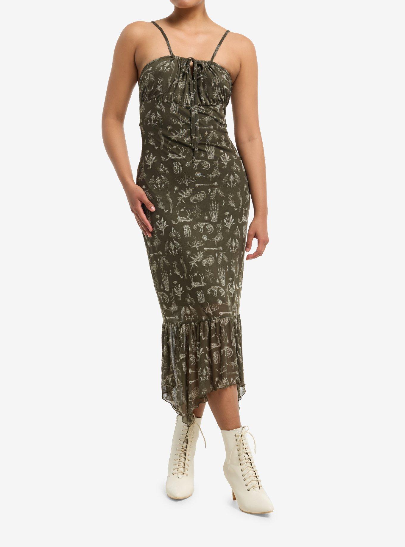 Cosmic Aura Olive Animal Skeleton Mesh Hanky Hem Midaxi Dress, , hi-res