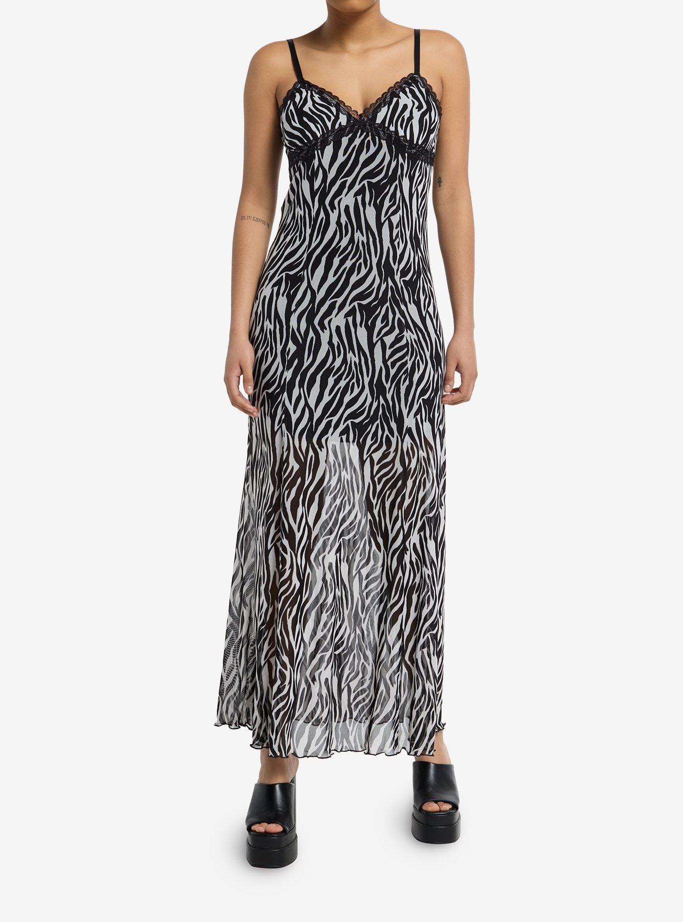 【The Attico】 Zebra-print side-slitミディドレス Zebra-print side-slit midi dress in black - The Attico