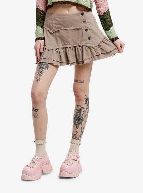 Thorn & Fable Tan Frayed Button-Up Mini Skirt | Hot Topic