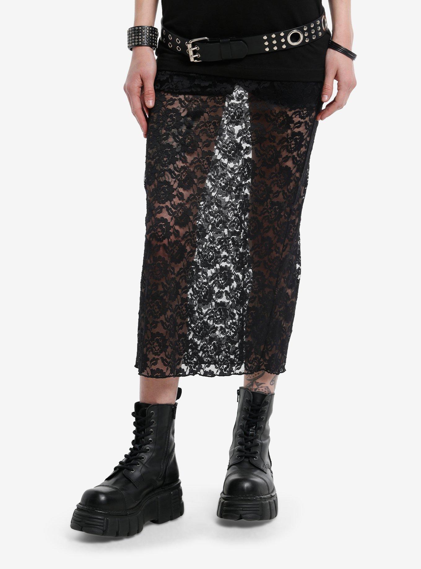 Black Floral Lace Midi Skirt, , hi-res