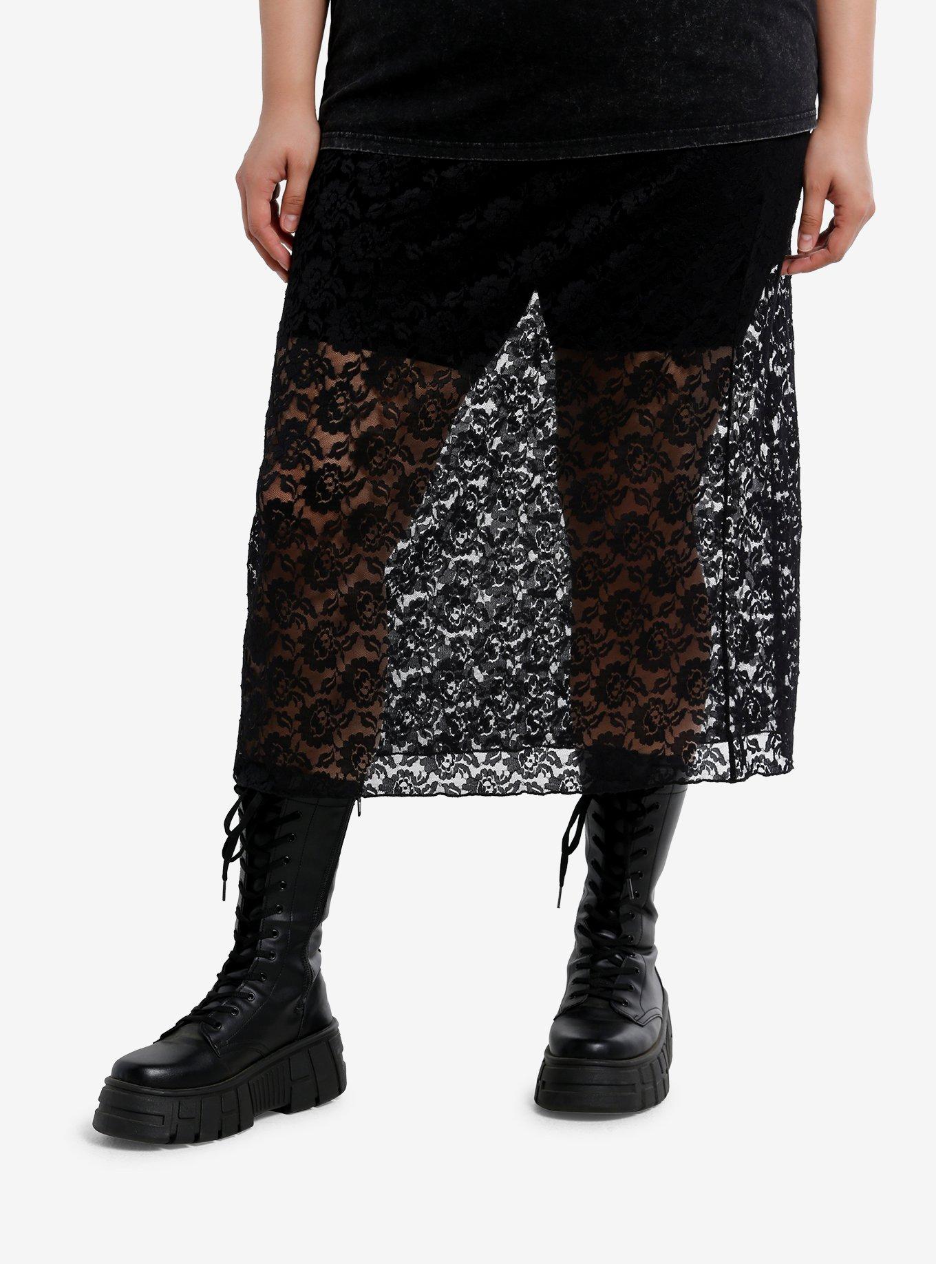 Black Floral Lace Midi Skirt Plus Size, , hi-res