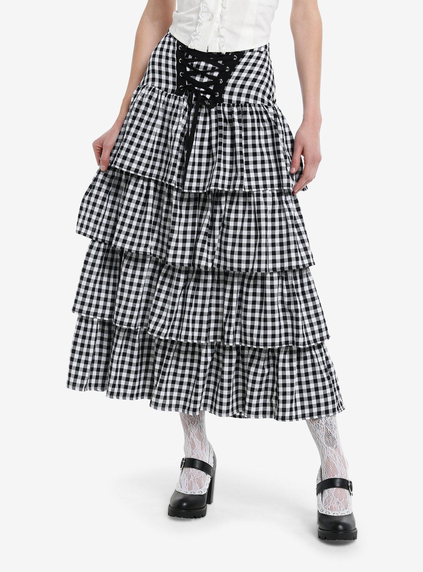 Thorn & Fable Black & White Gingham Tiered Midi Skirt, , hi-res