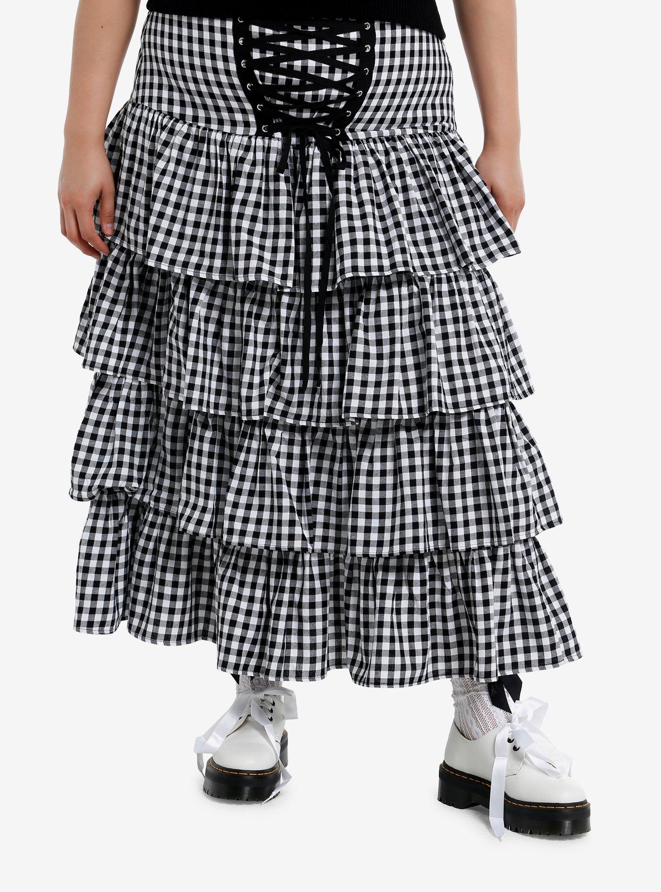 Thorn & Fable Black & White Gingham Tiered Midi Skirt Plus Size, BLACK, hi-res