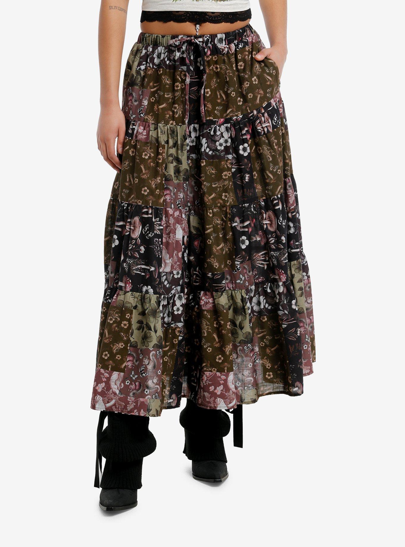 Thorn & Fable Flower Mushroom & Creature Patchwork Midi Skirt
