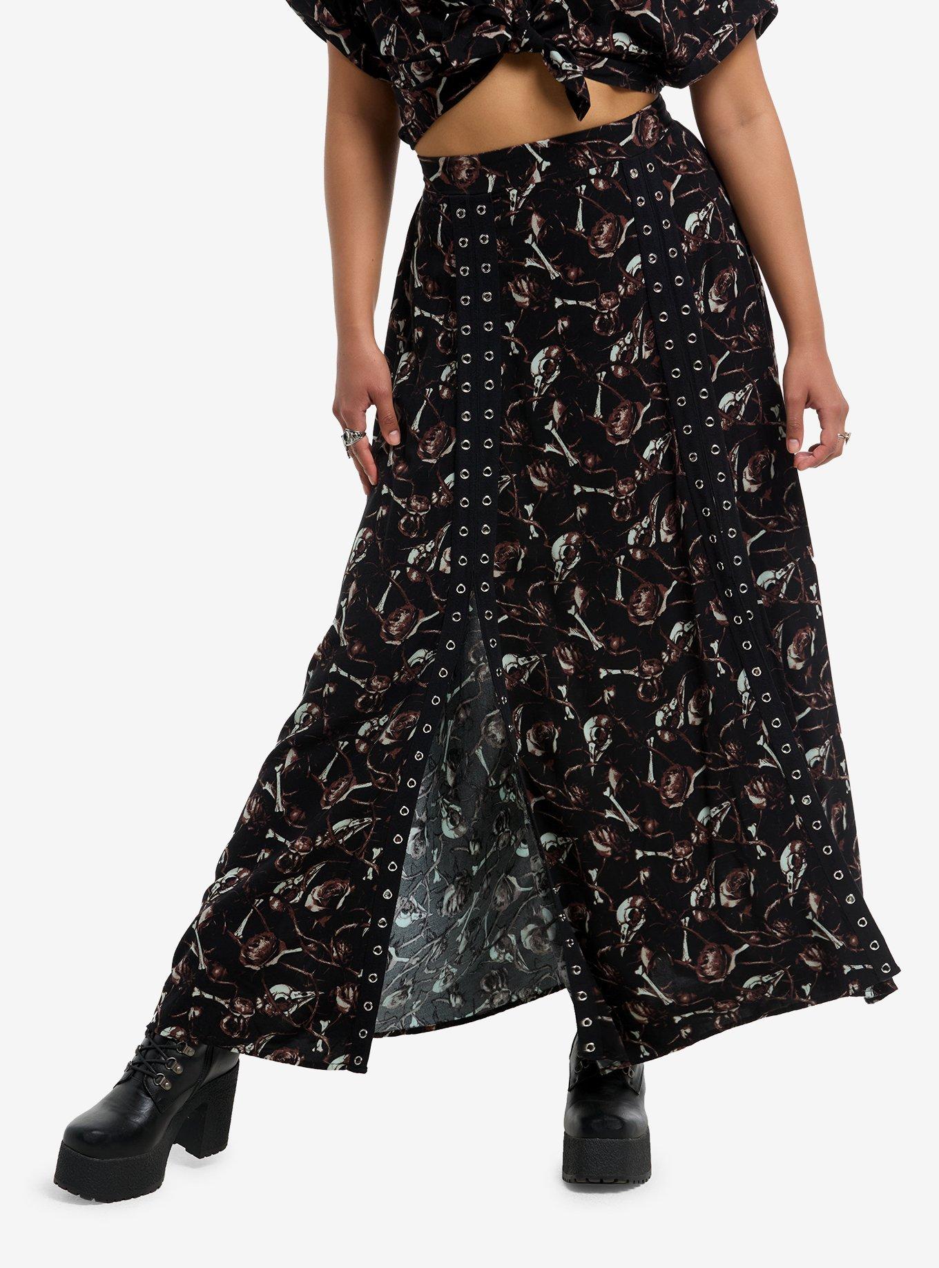 Cosmic Aura Brown Bird Skull Rose & Grommet Tape Maxi Skirt, , hi-res