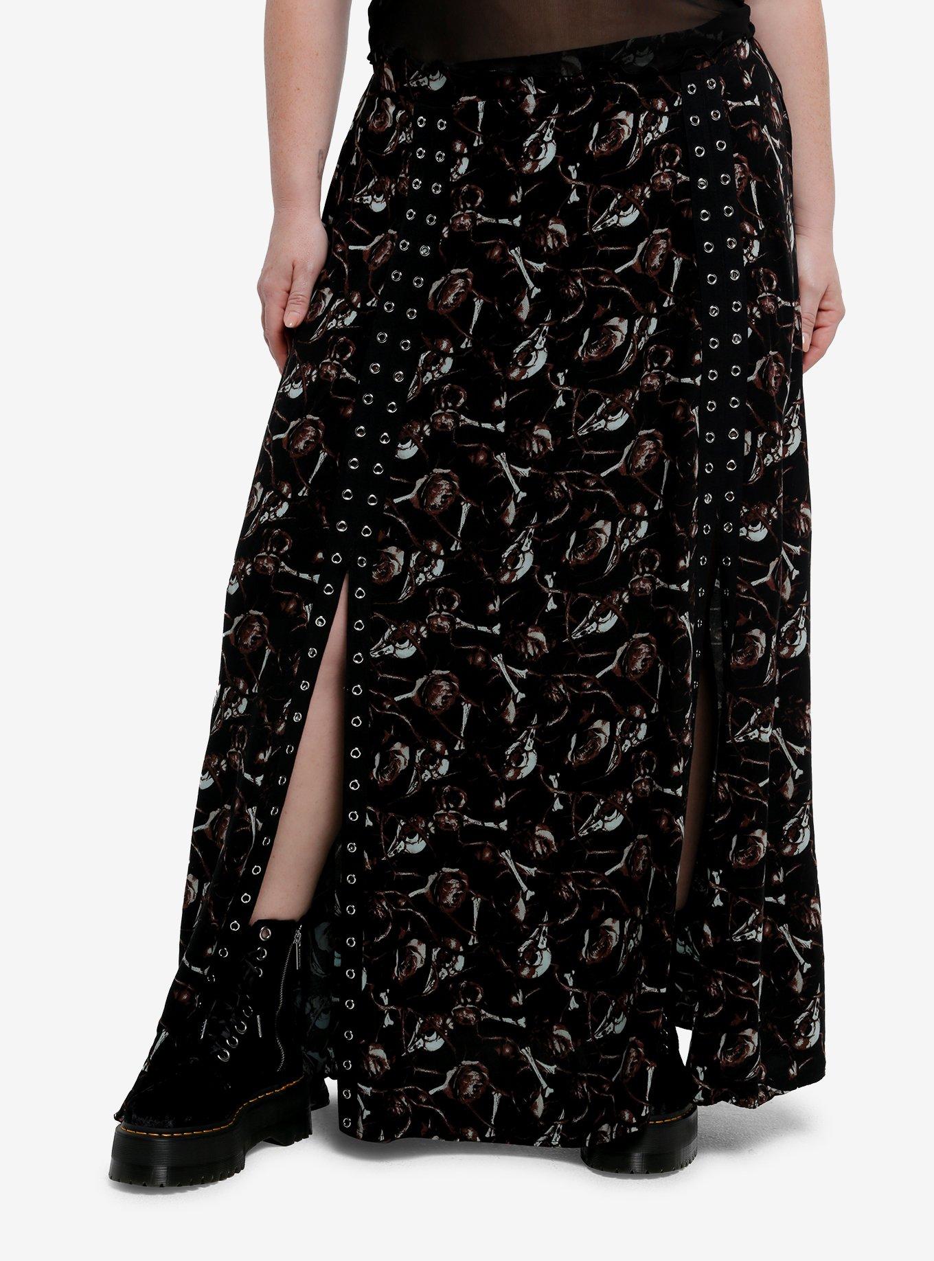 Cosmic Aura Brown Bird Skull Rose & Grommet Tape Maxi Skirt Plus Size 