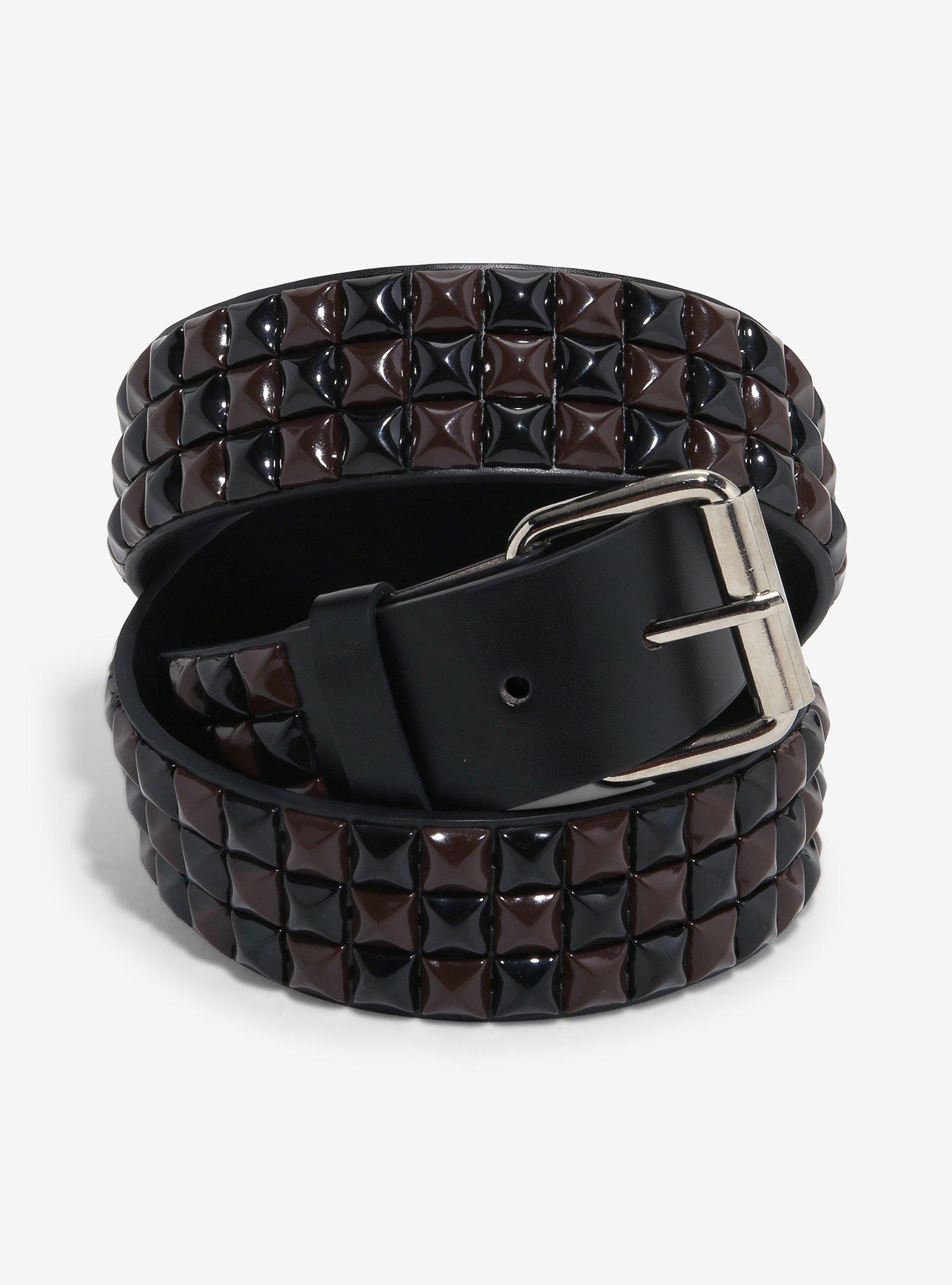 Brown & Black Three Row Pyramid Stud Belt, , hi-res