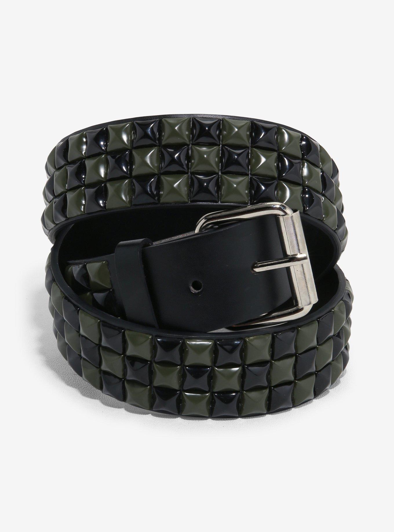 Olive & Black Three Row Pyramid Stud Belt, , hi-res