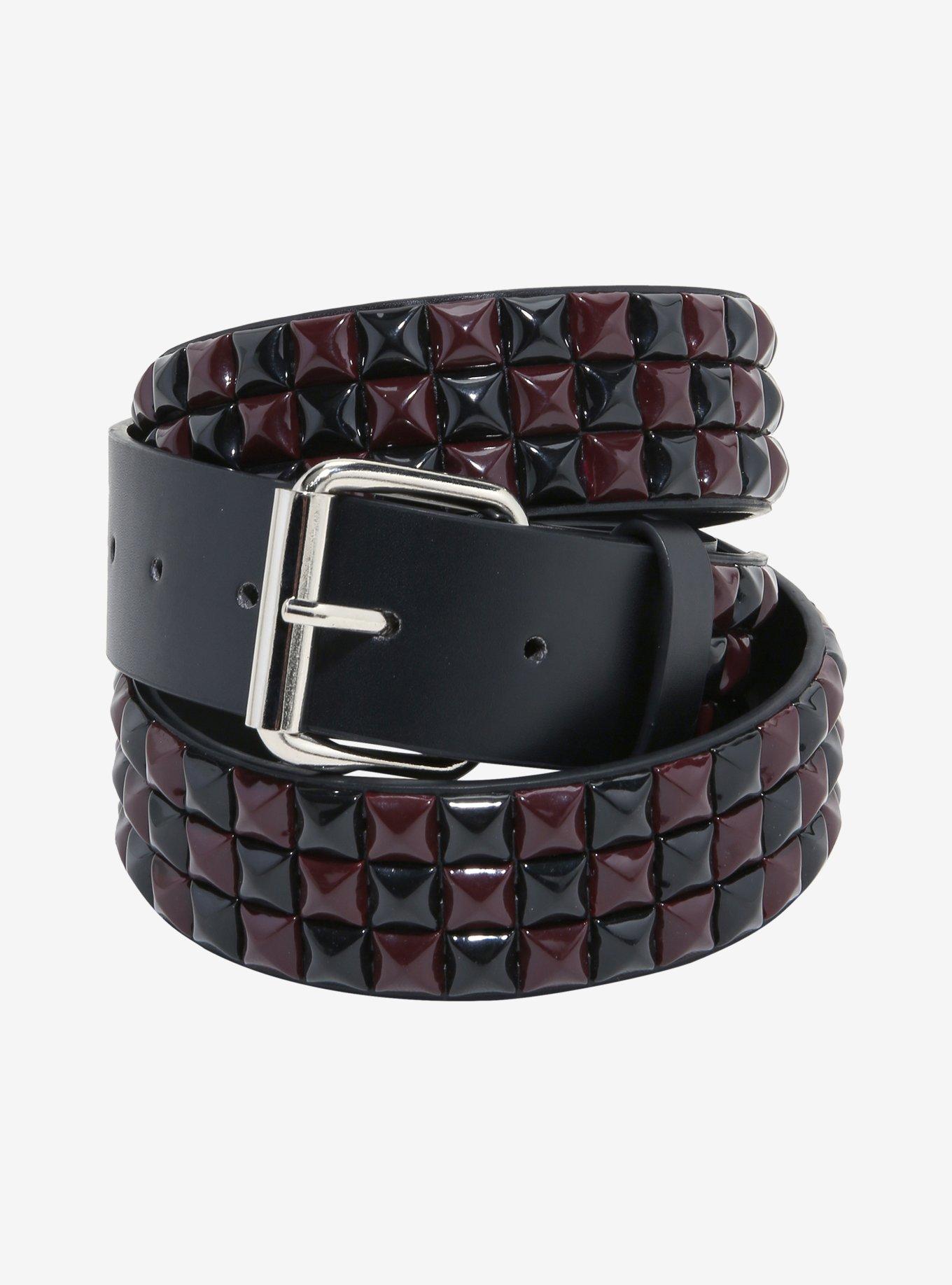 Black & Burgundy Three Row Pyramid Stud Belt, , hi-res