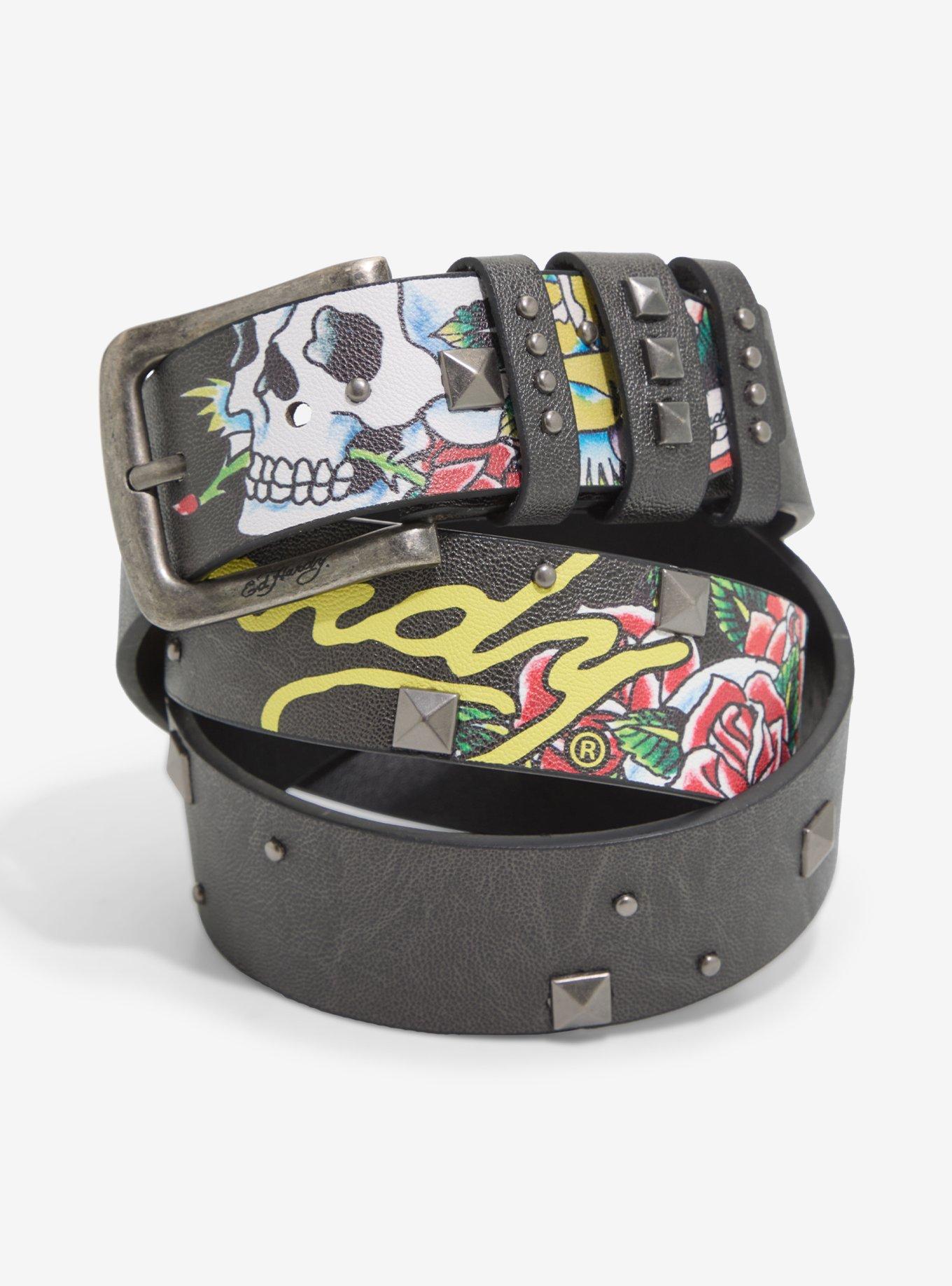 Ed Hardy Skull & Flowers Pyramid Stud Belt, , hi-res