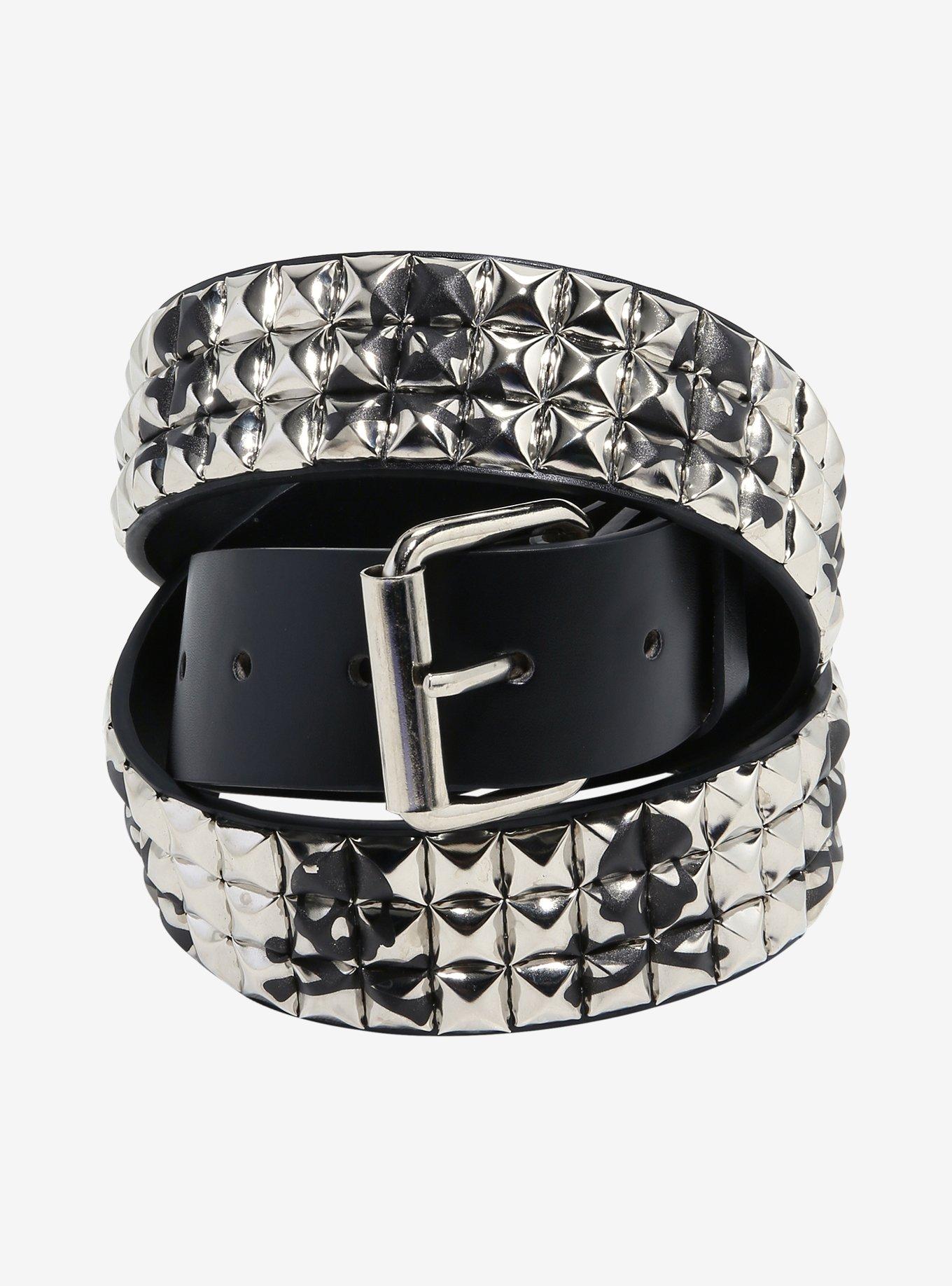 Black Skull Silver Three Row Pyramid Stud Belt, , hi-res