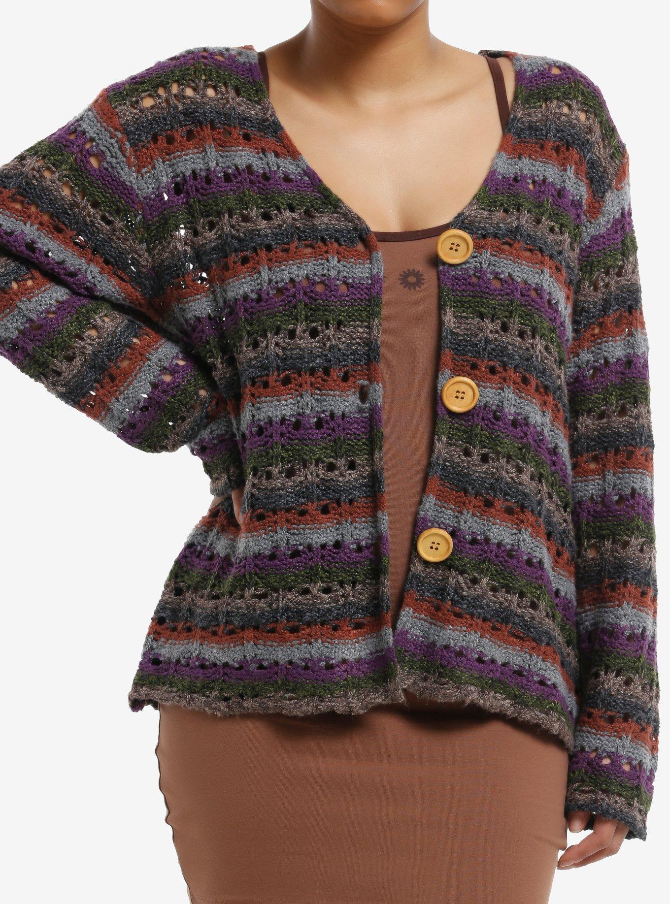 Thorn & Fable Purple Earthy Stripe Boxy Girls Cardigan, , hi-res