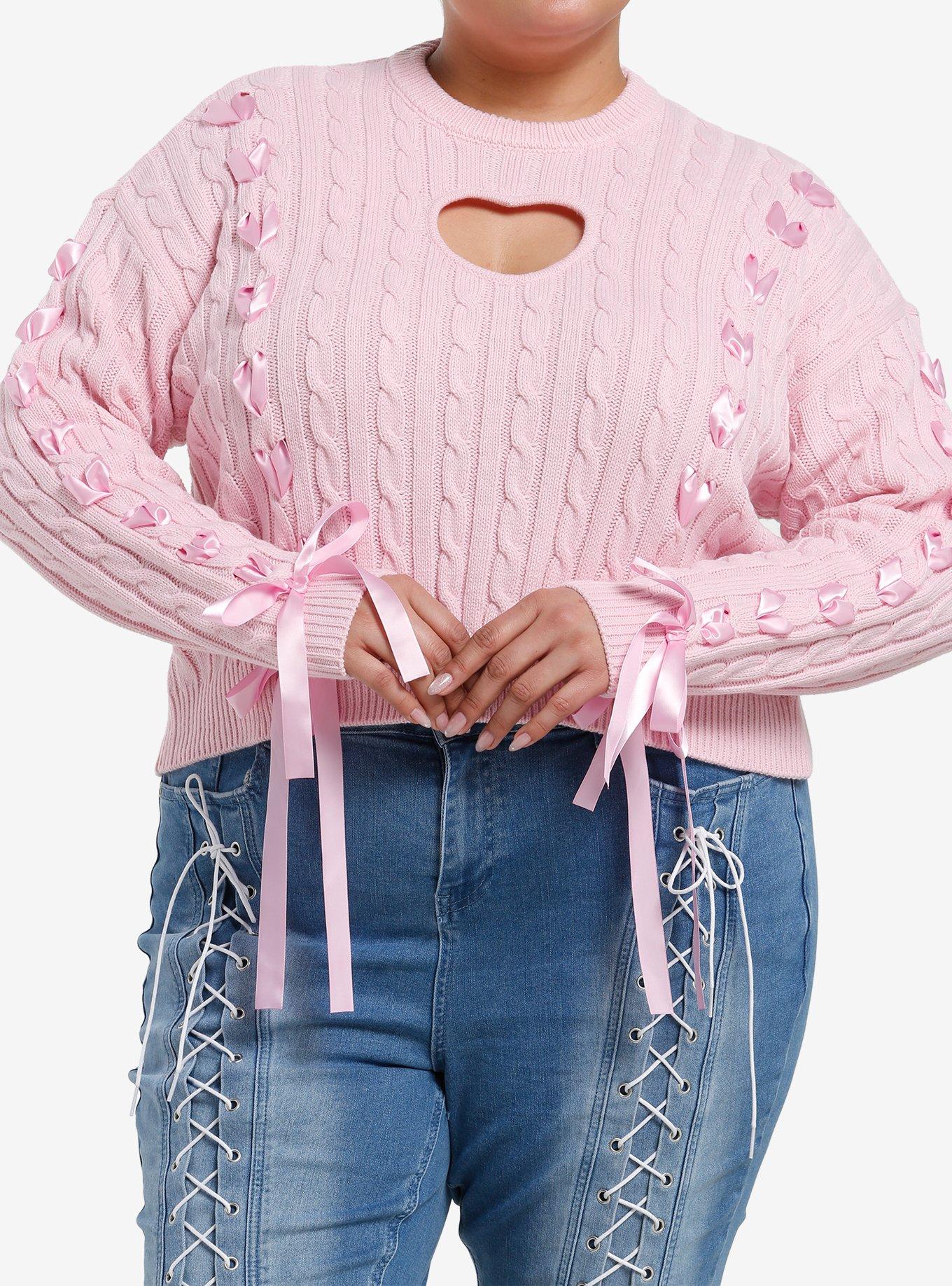 Sweet Society Pink Heart Cutout Lace-Up Girls Crop Sweater Plus