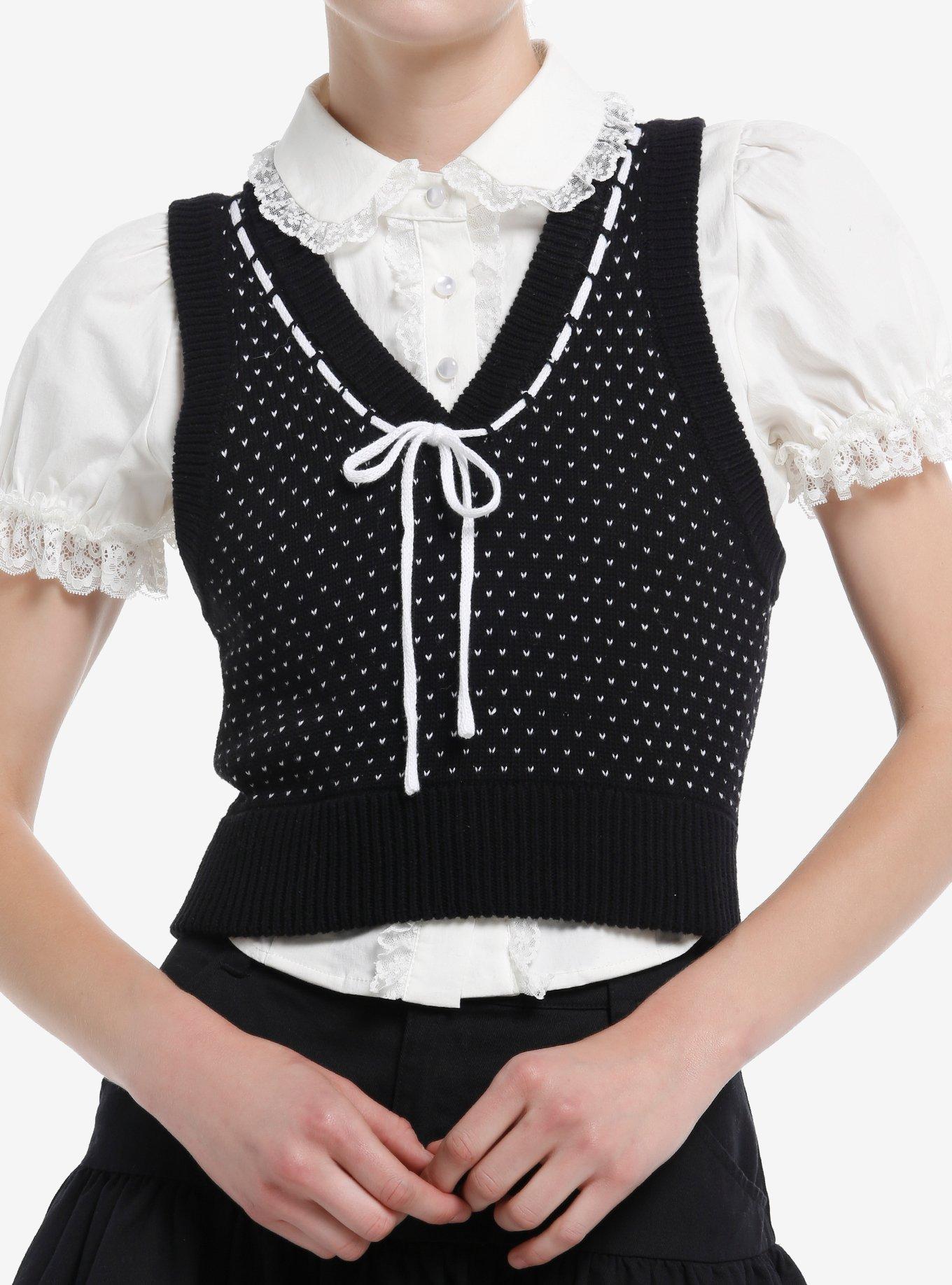 Thorn & Fable Black & White Yarn Bow Girls Sweater Vest, , hi-res