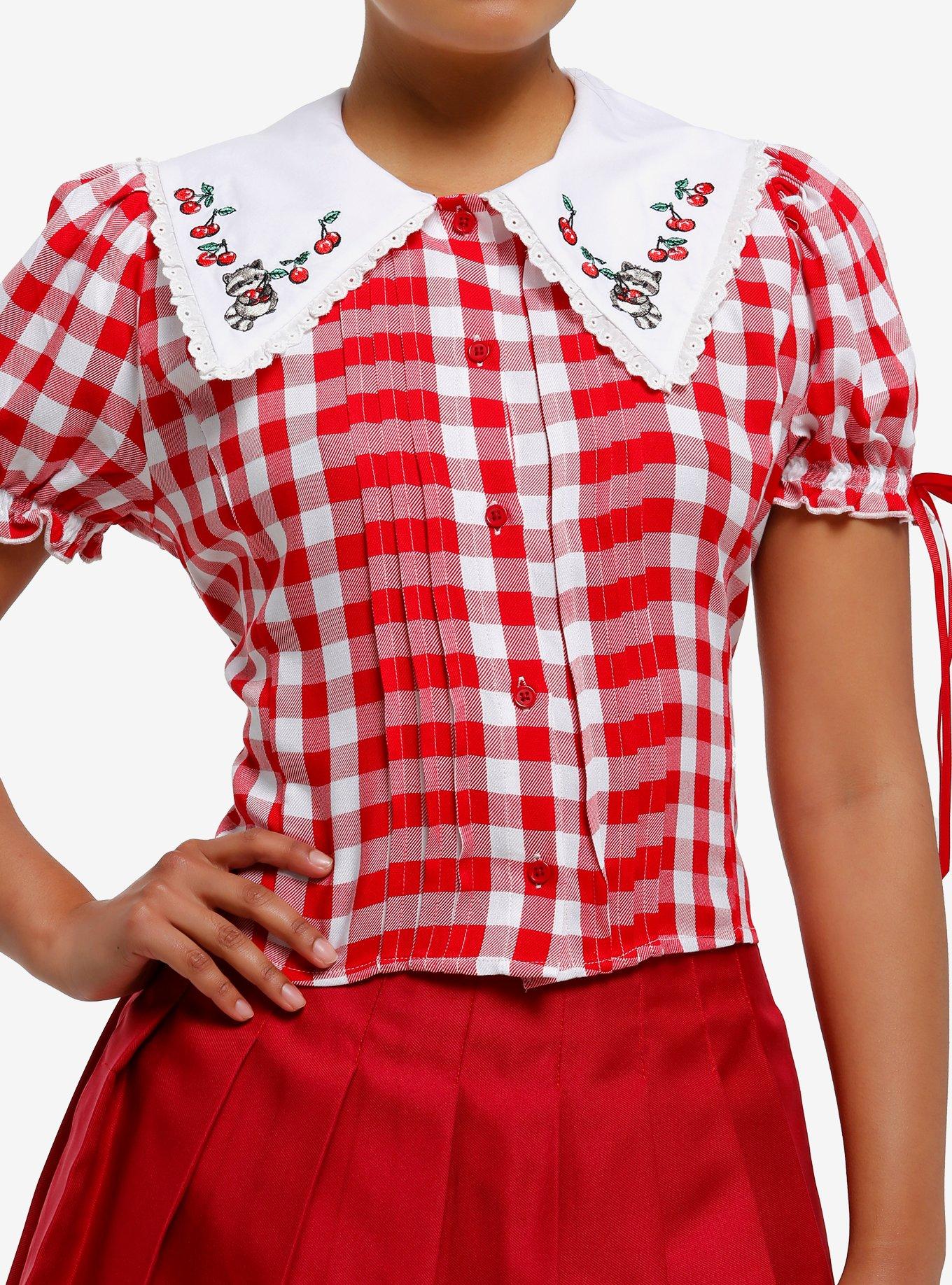 Thorn & Fable Raccoon & Cherries Red Gingham Girls Woven Top, , hi-res