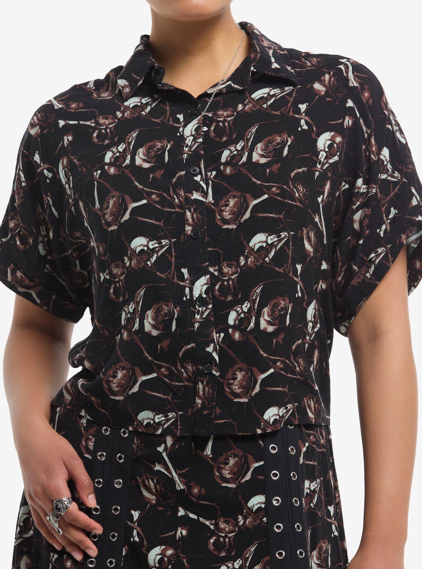 Cosmic Aura Brown Bird Skull Rose Girls Boxy Woven Button-Up, , hi-res