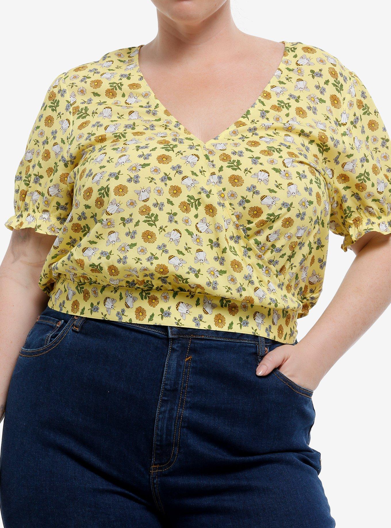 Thorn & Fable Ghost Bees & Flowers Girls Crop Woven Top Plus Size, , hi-res