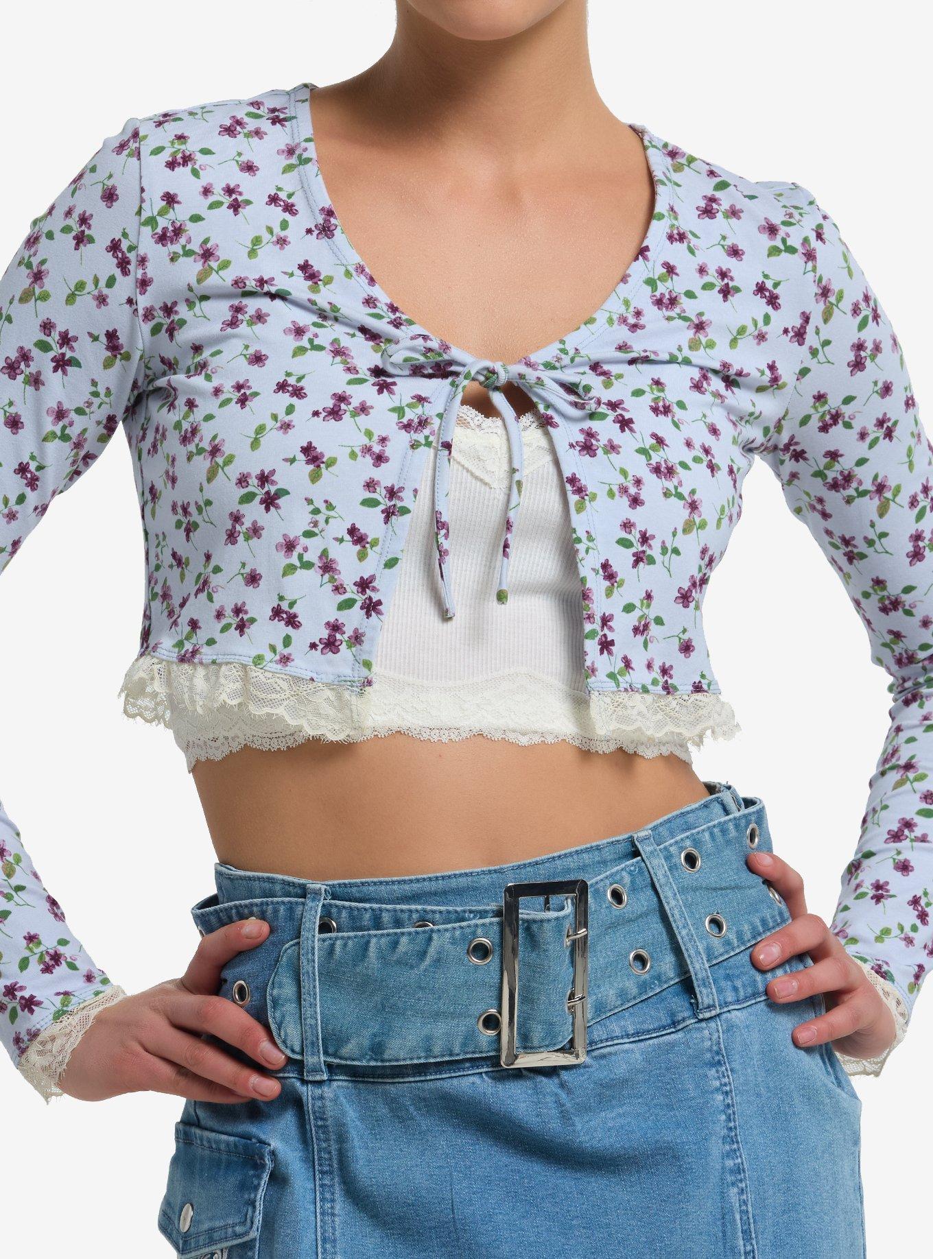 Sweet Society Blue Floral Lace Girls Tie-Front Crop Top, , hi-res