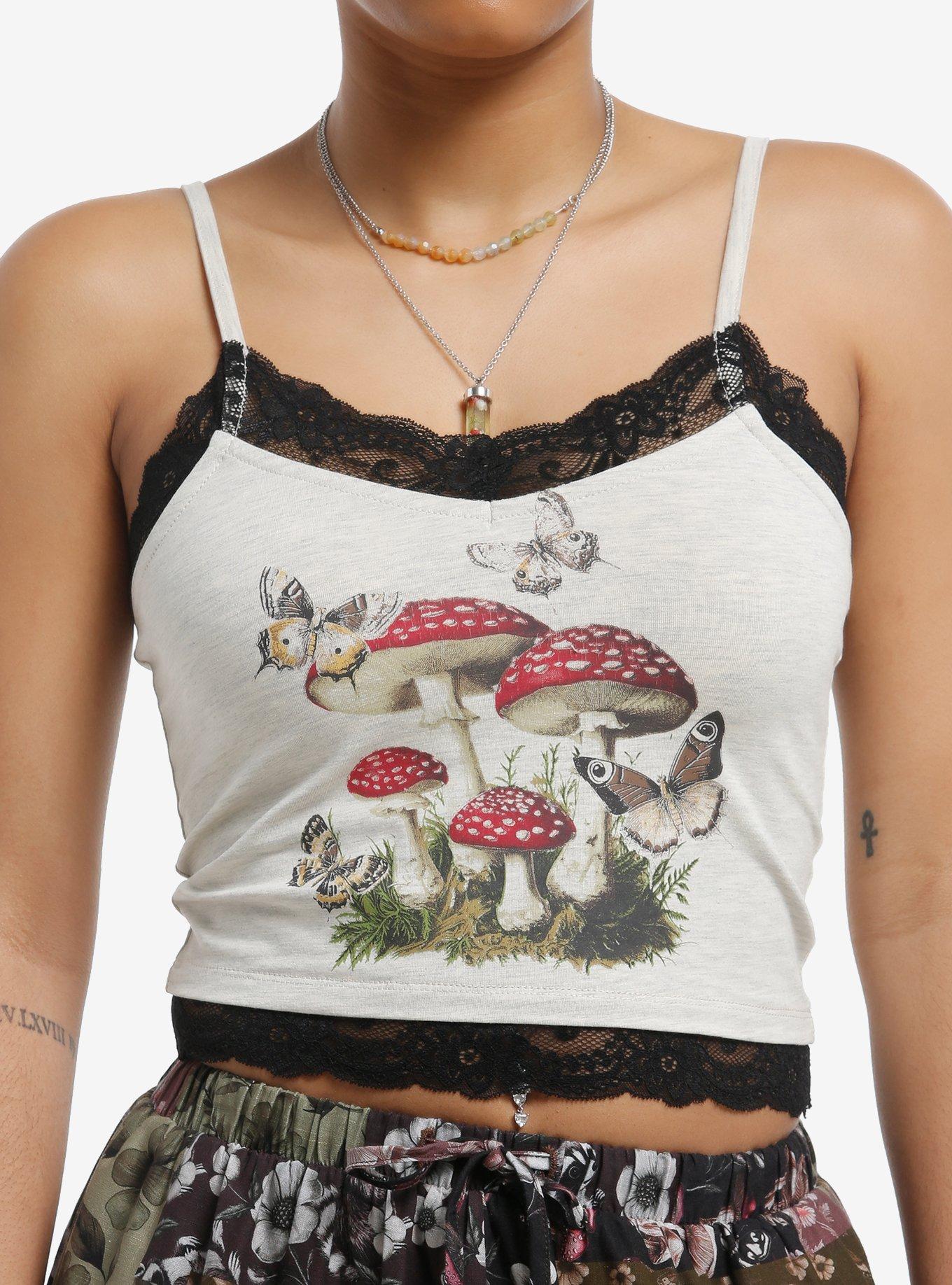 Thorn & Fable Mushroom Butterflies Contrast Lace Girls Crop Cami, , hi-res