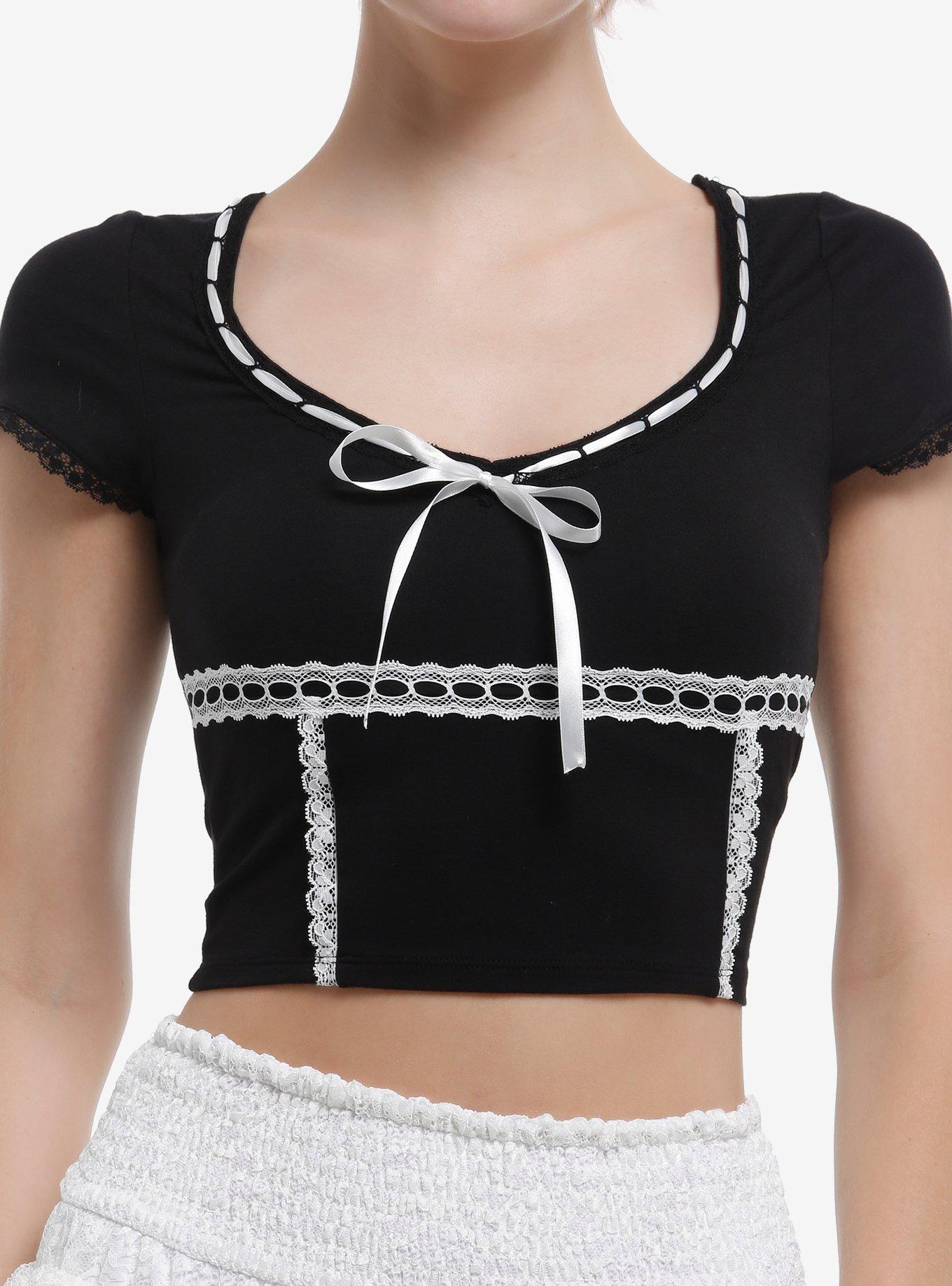Thorn & Fable Black & White Bow Lace Girls Top | Hot Topic