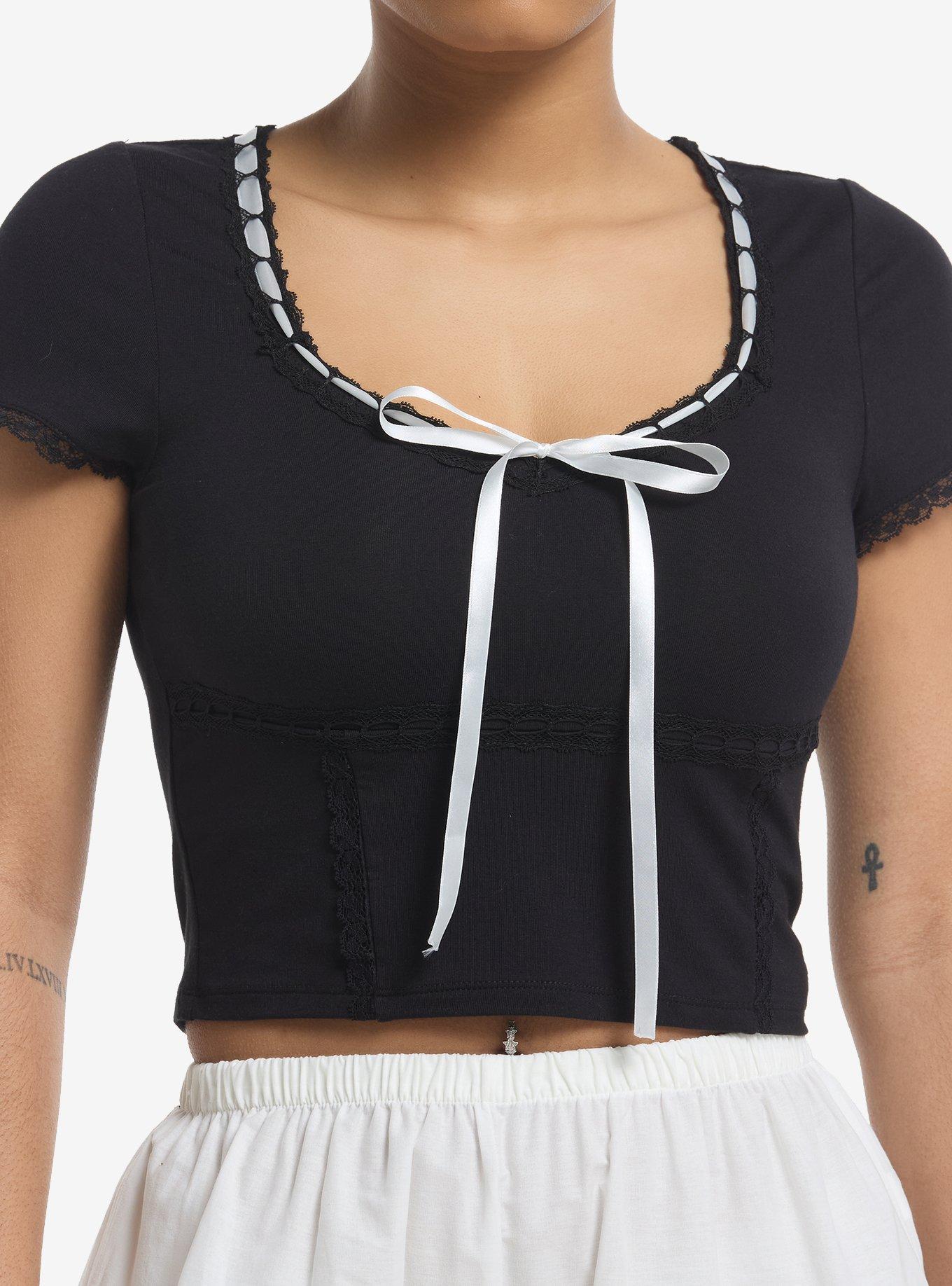 Thorn & Fable Black & White Bow Lace Girls Top, , hi-res