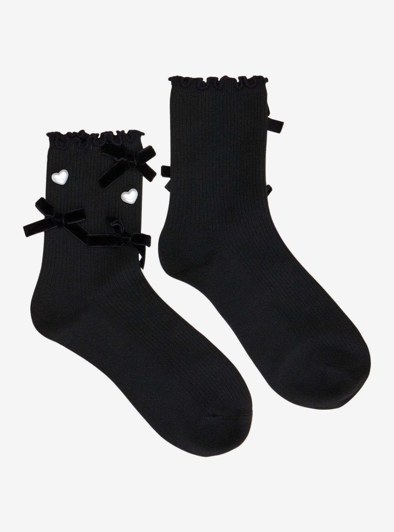 Pearl Heart Black Ribbon Crew Socks, , hi-res