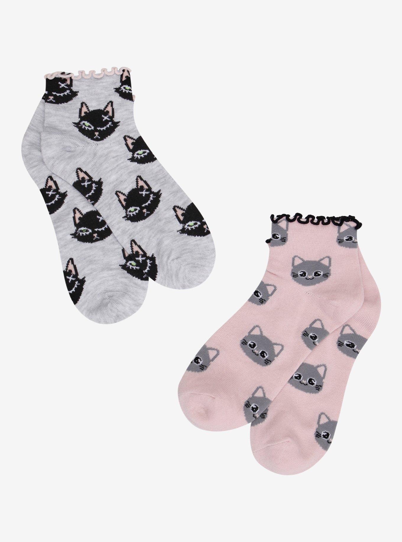 Cat Faces Lettuce Trim Ankle Socks 2 Pair, , hi-res
