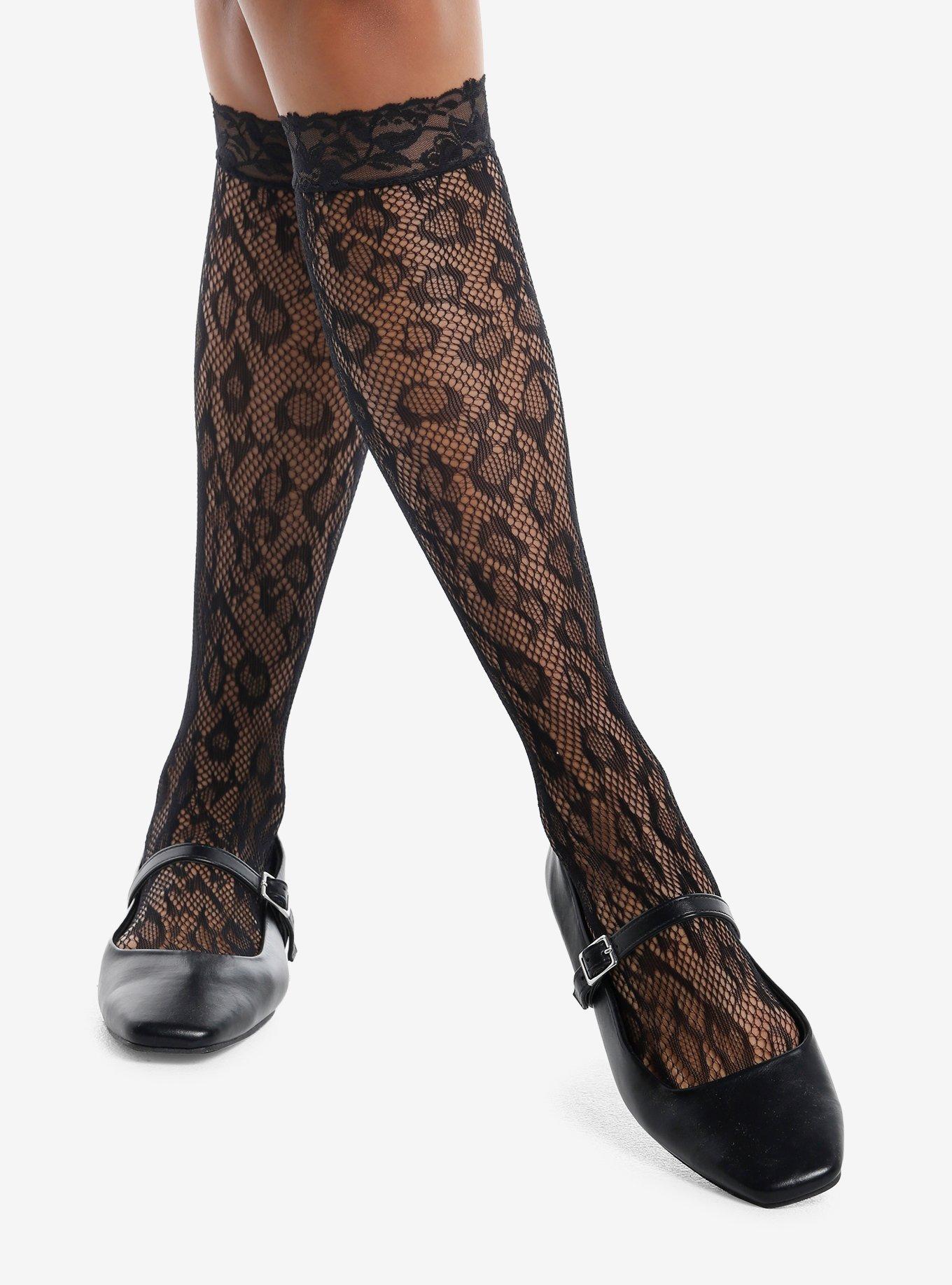 Black Leopard Fishnet Knee-High Socks, , hi-res