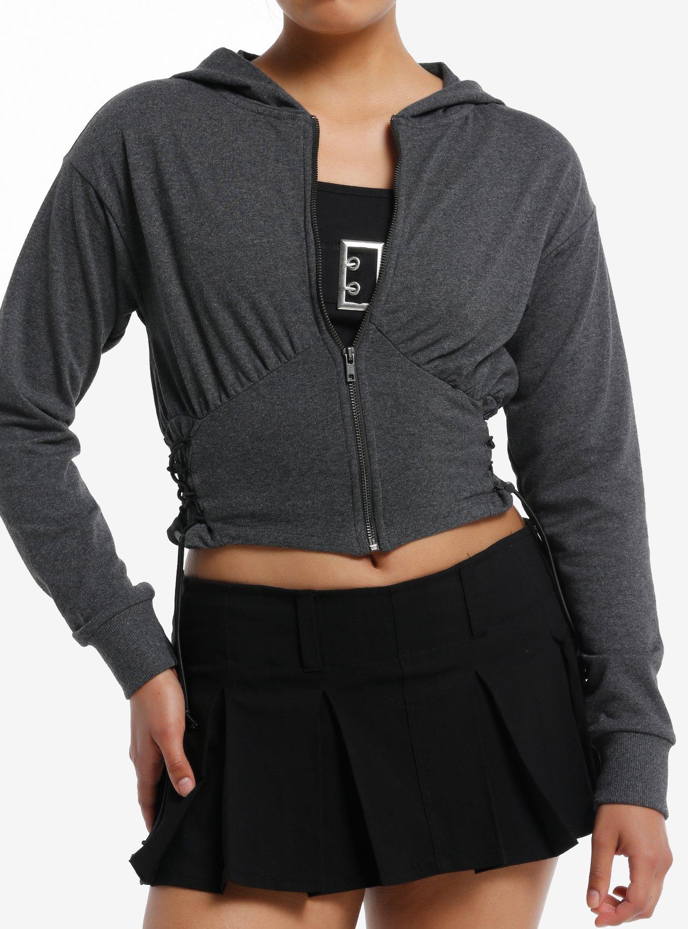 Grey Lace-Up Toggle Girls Crop Hoodie, , hi-res