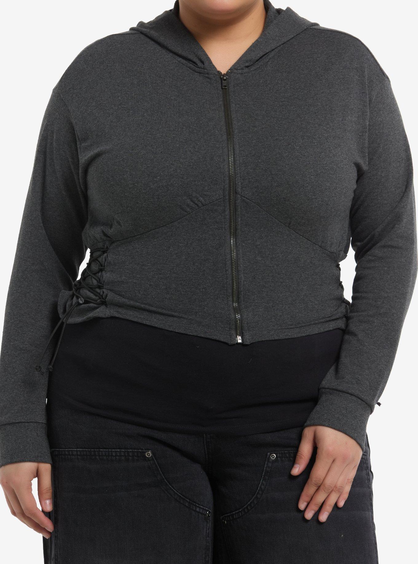 Grey Lace-Up Toggle Girls Crop Hoodie Plus Size, , hi-res