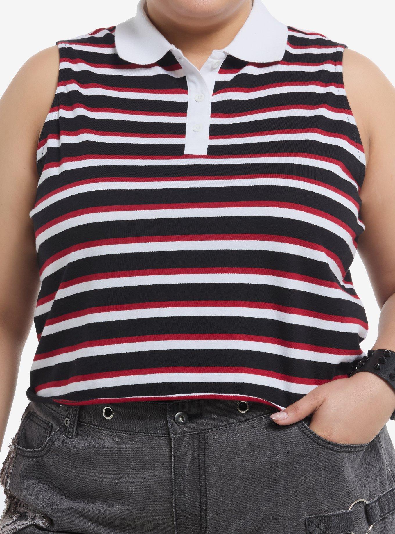 Red White & Black Stripe Collar Girls Tank Top Plus Size, , hi-res