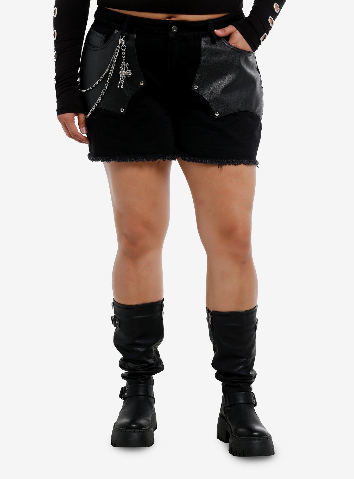 Social Collision Black Denim & Faux Leather Shorts With Chains Plus Size, BLACK, hi-res