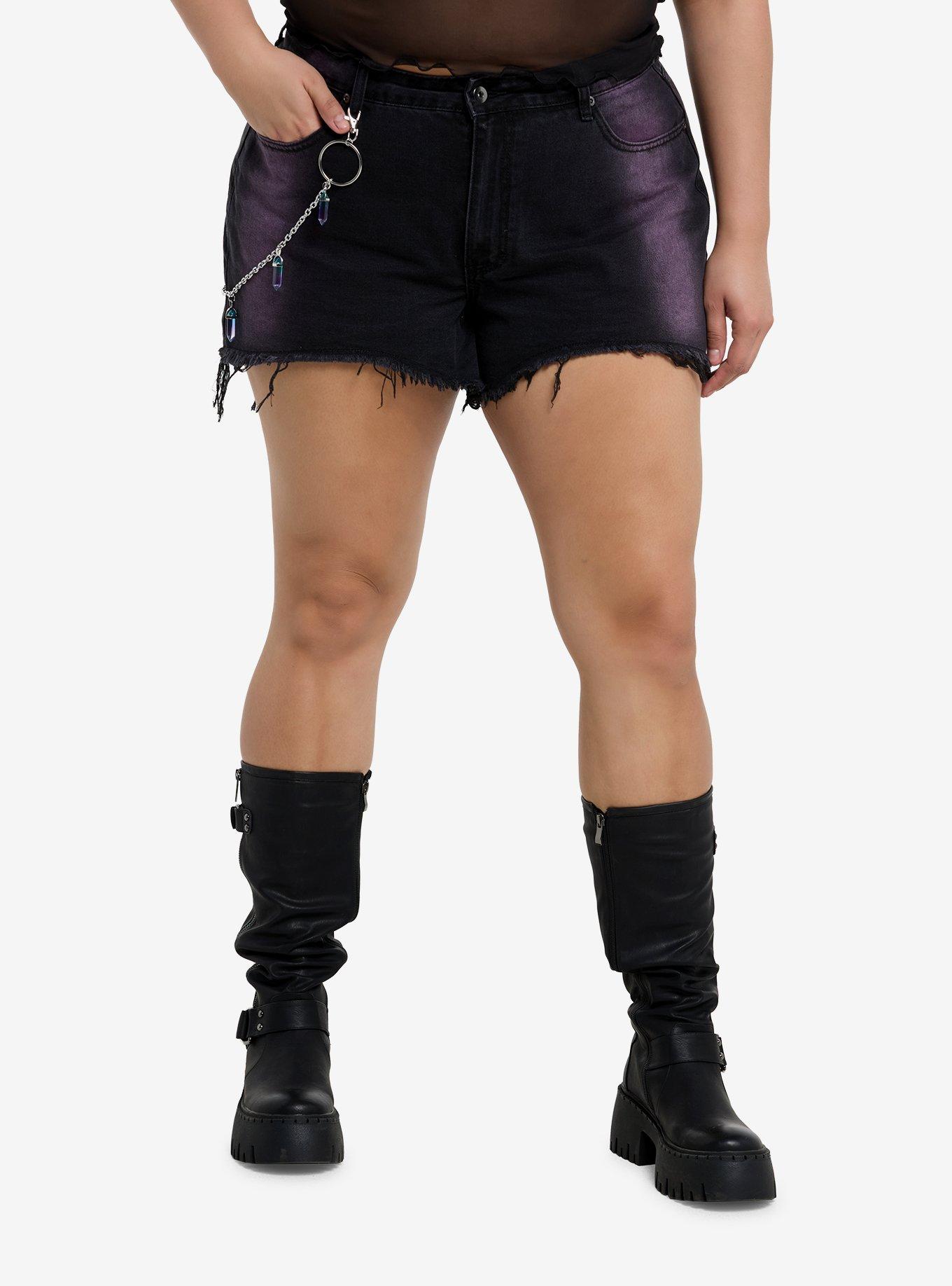 Black & Purple Ombre Denim Shorts With Crystal Chain Plus Size, , hi-res