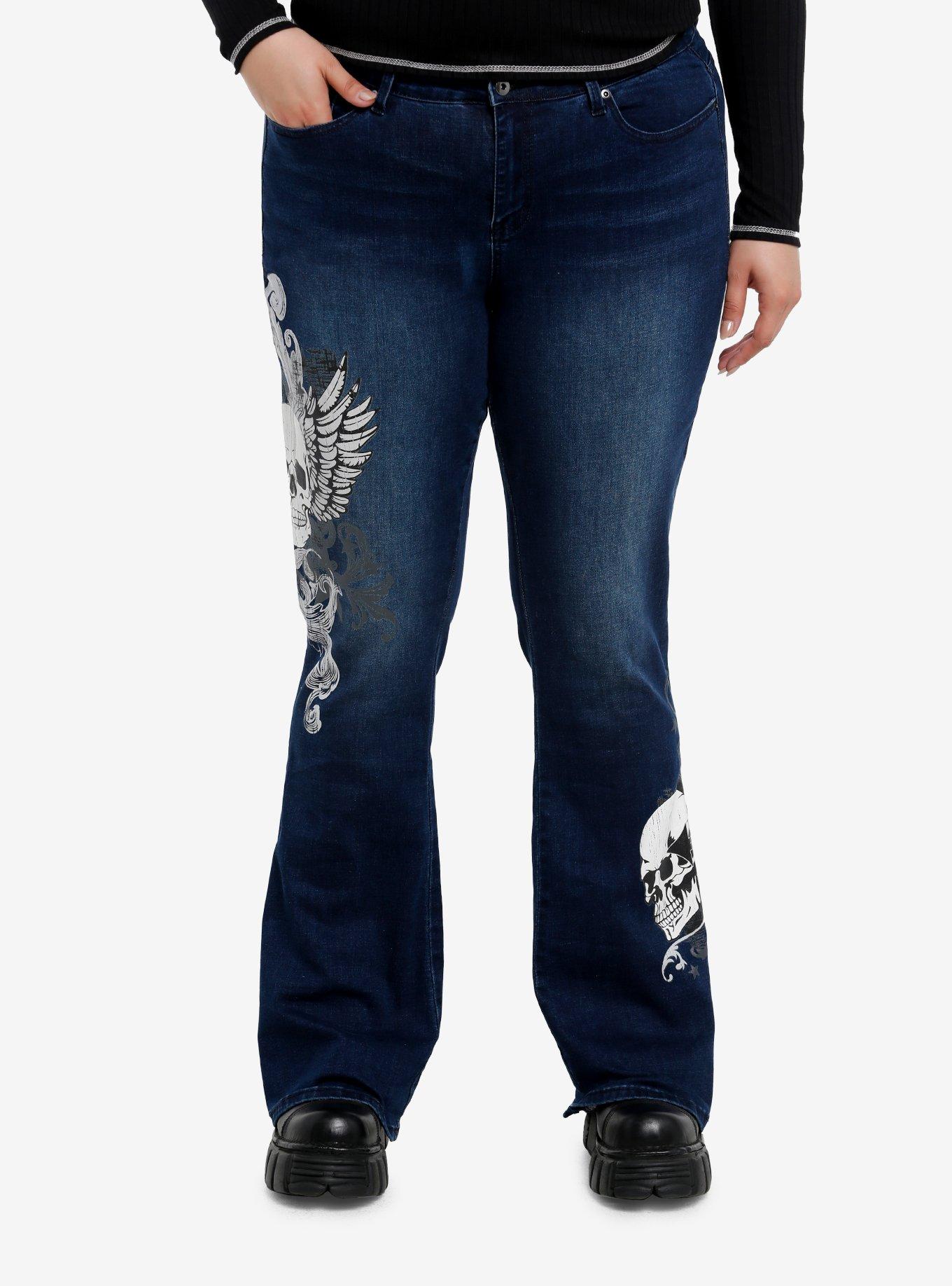 Indigo Winged Skull Low Rise Flare Jeans Plus Size, , hi-res