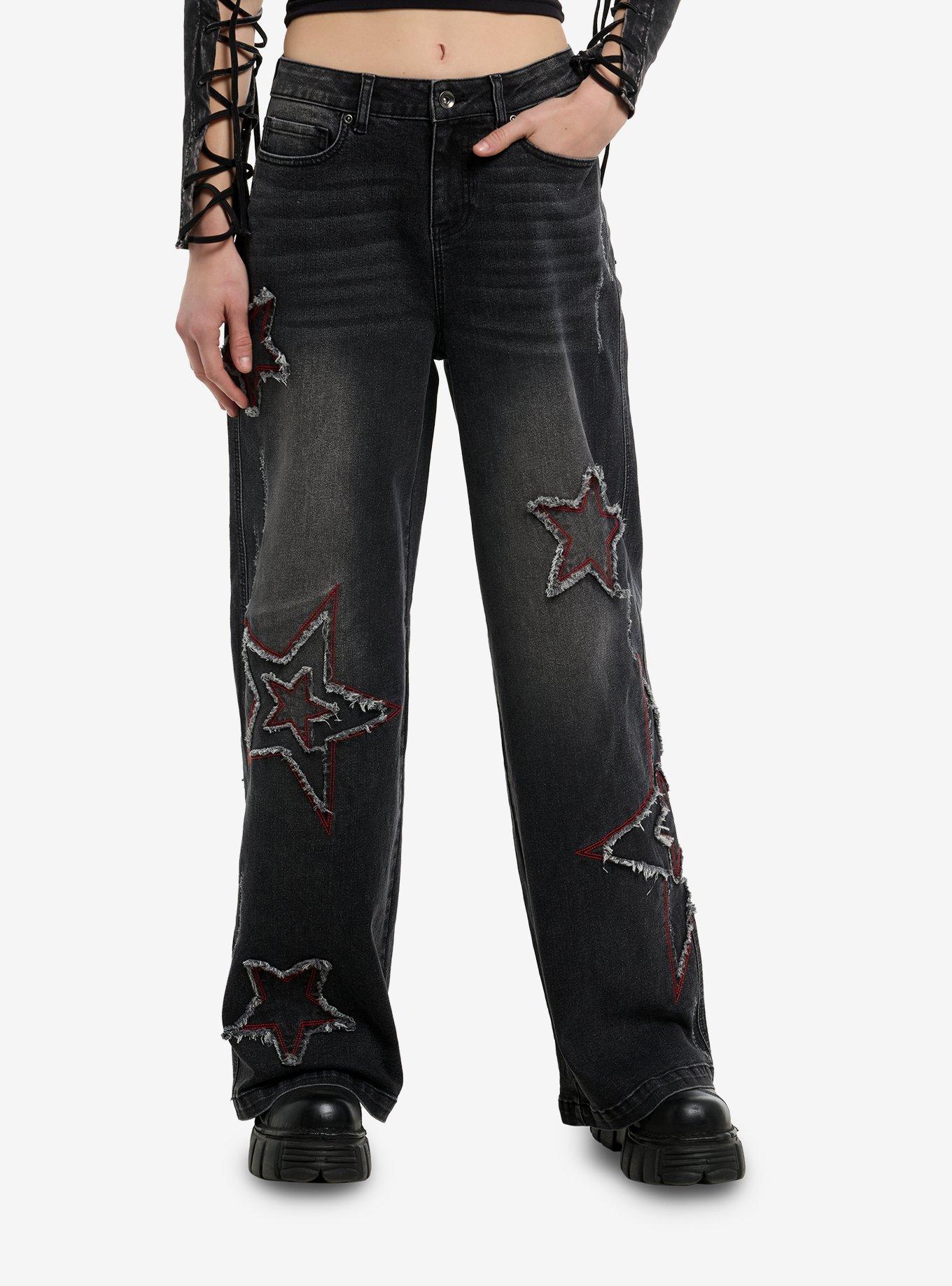 Red & Grey Distressed Stars Wide Leg Jeans, , hi-res