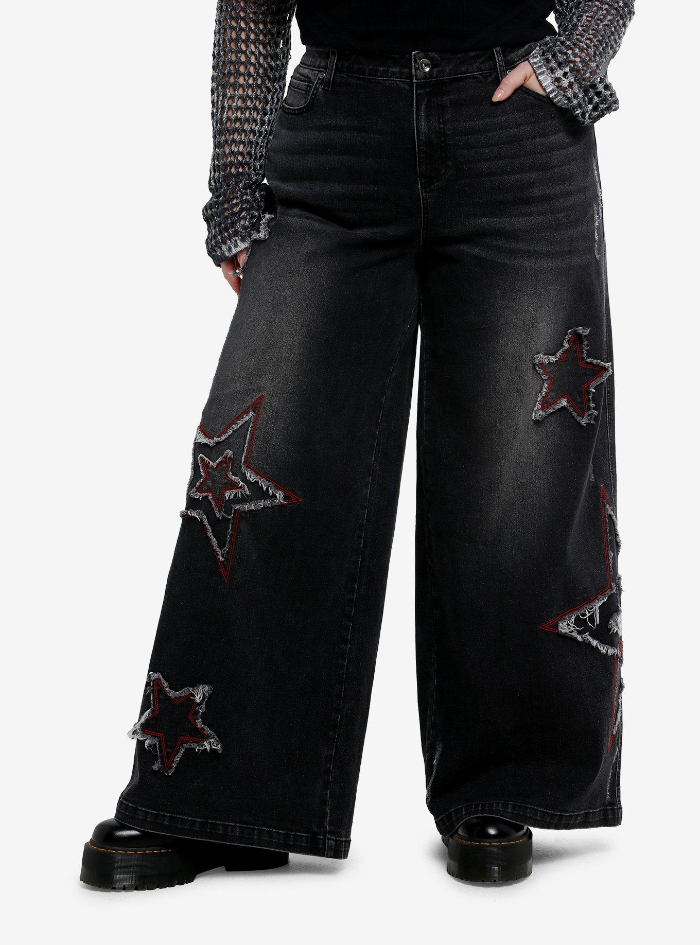 Red & Grey Distressed Stars Wide Leg Jeans Plus Size, , hi-res