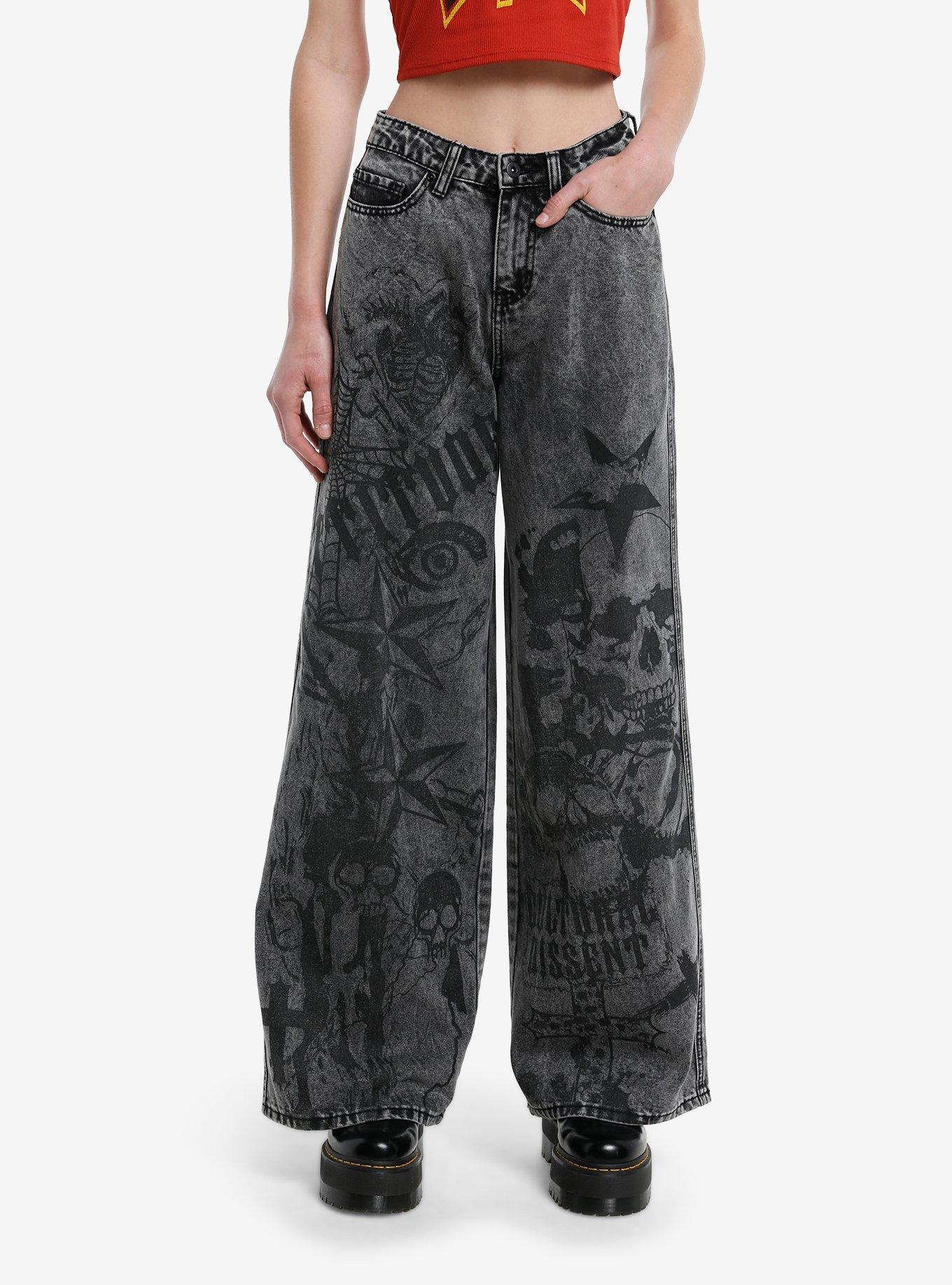 Grey Acid Wash Skulls & Stars Girls Wide Leg Jeans | Hot Topic