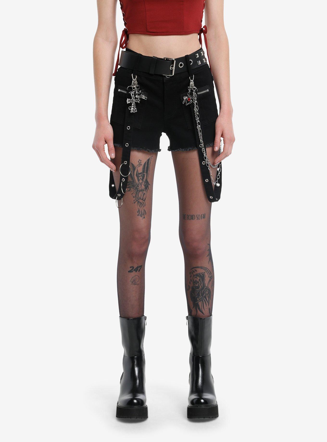 Black Gothic Charms Belted Denim Shorts, , hi-res