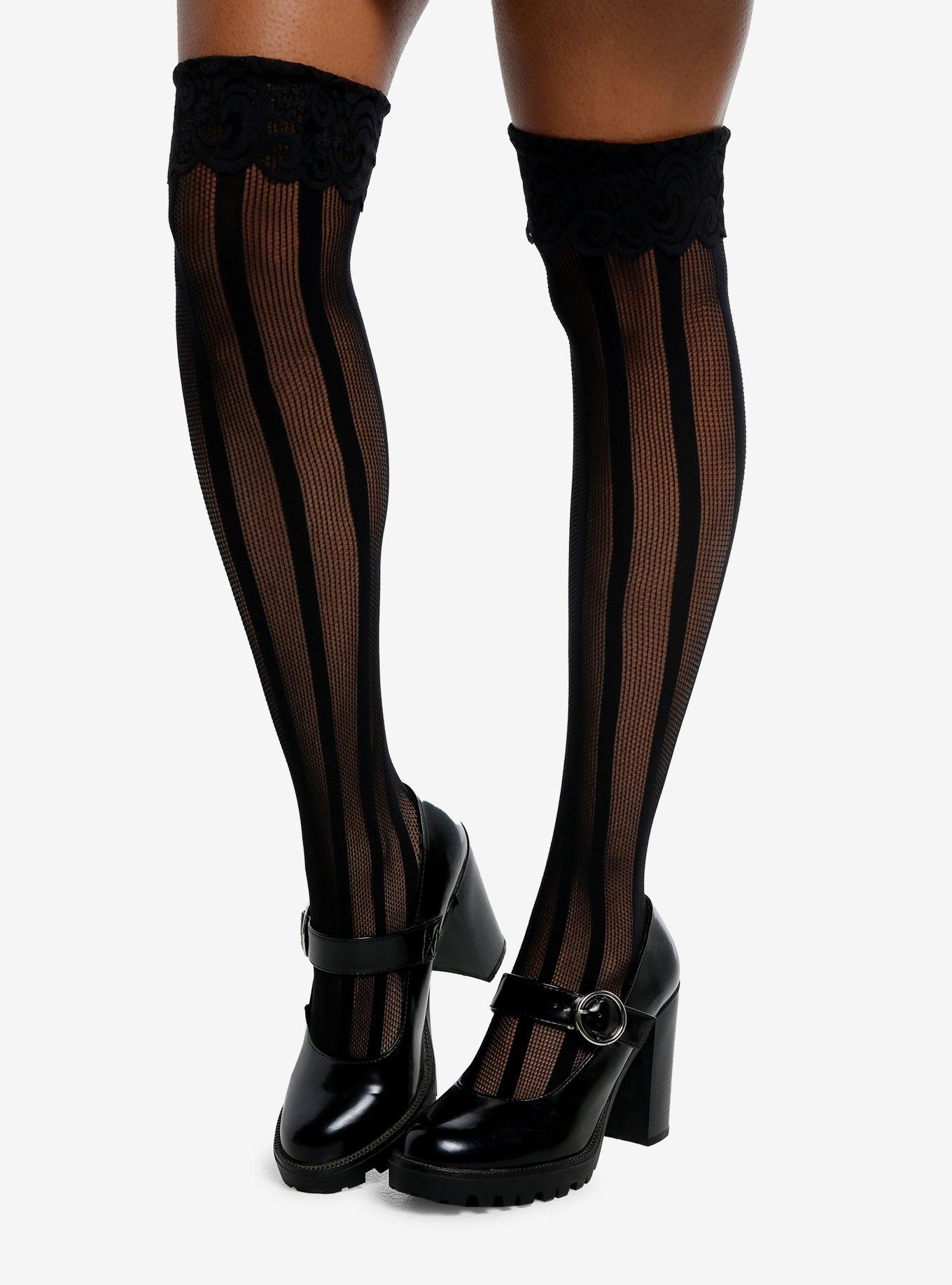 Black Lace Stripe Fishnet Thigh-High Socks, , hi-res