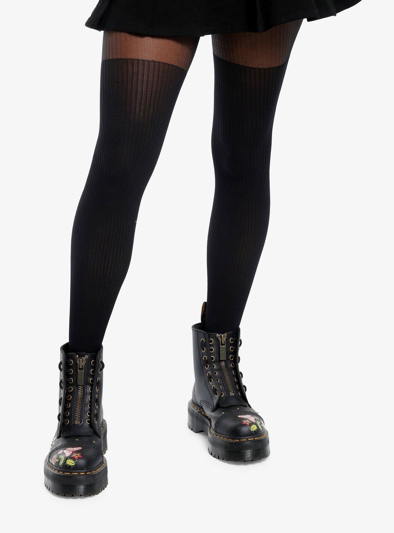 Black Pinstripe Faux Thigh High Tights, , hi-res