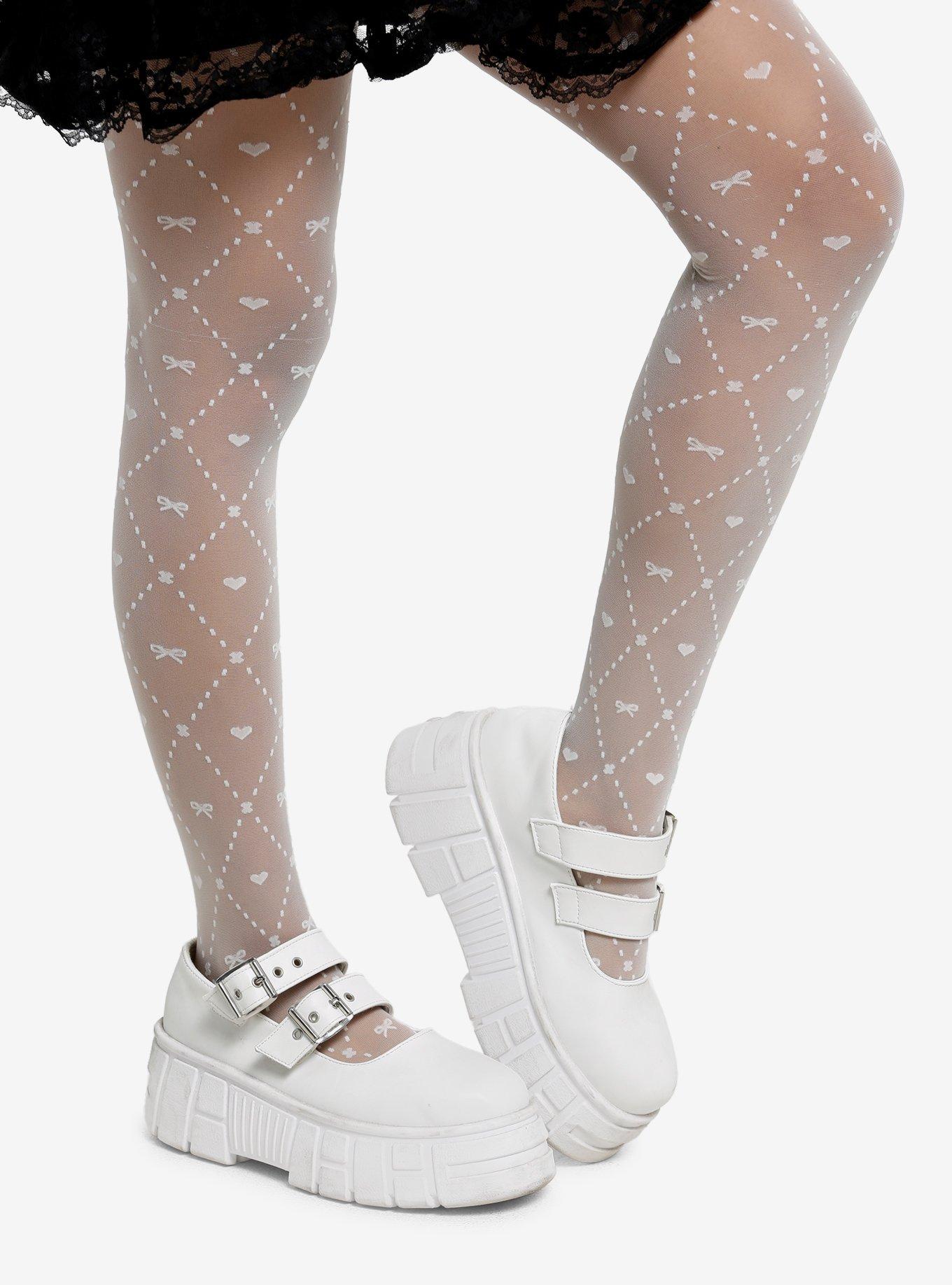 Cream Bow Heart Argyle Tights, , hi-res