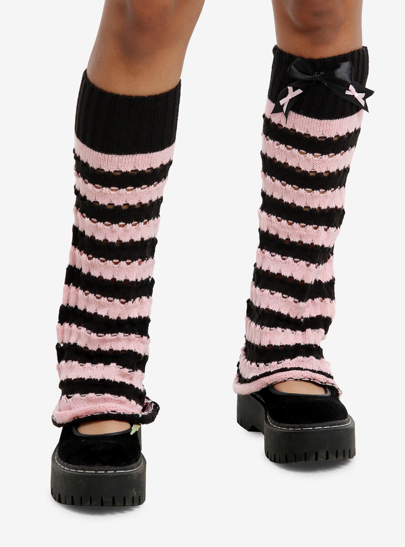 Black & Pink Stripe Bow Leg Warmers, , hi-res
