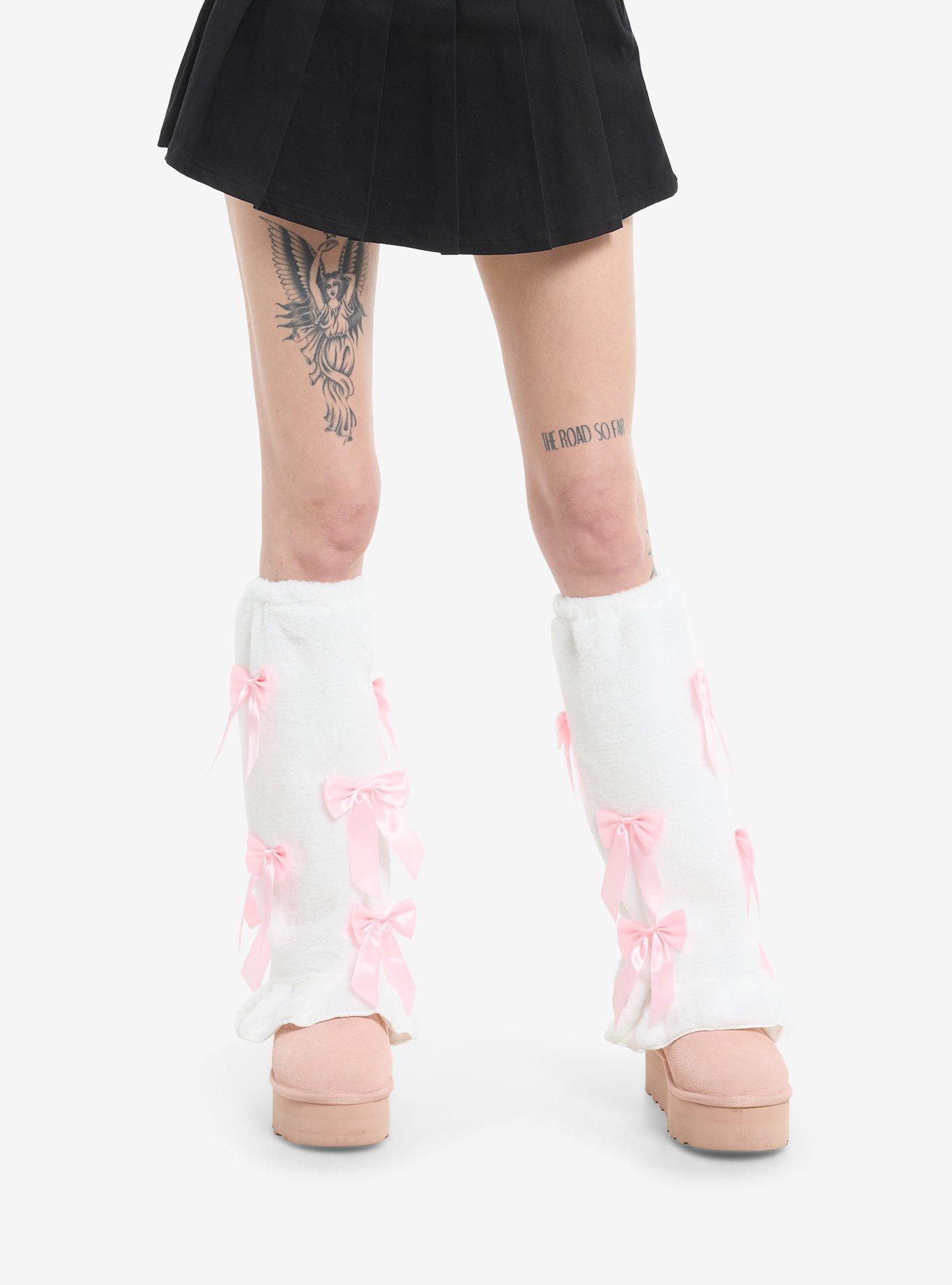 White Faux Fur Pink Bow Leg Warmers, , hi-res