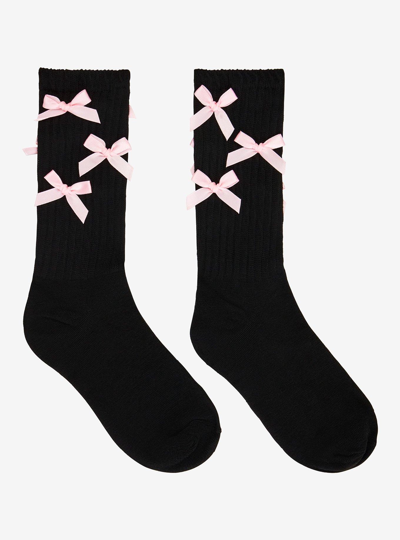 Pink Satin Bows Black Crew Socks, , hi-res