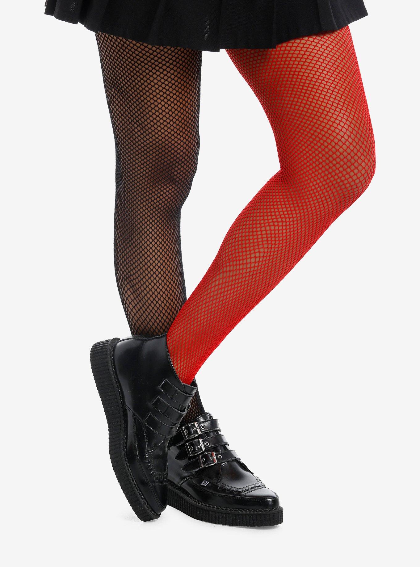 Black & Red Split Fishnet Tights, , hi-res