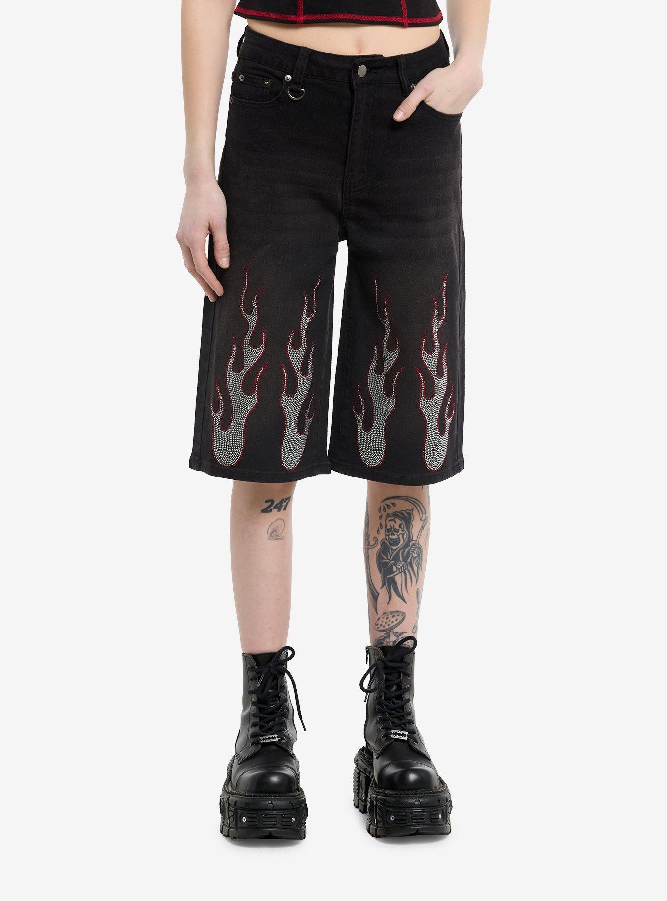Rhinestone Flames Dad Denim Shorts, , hi-res