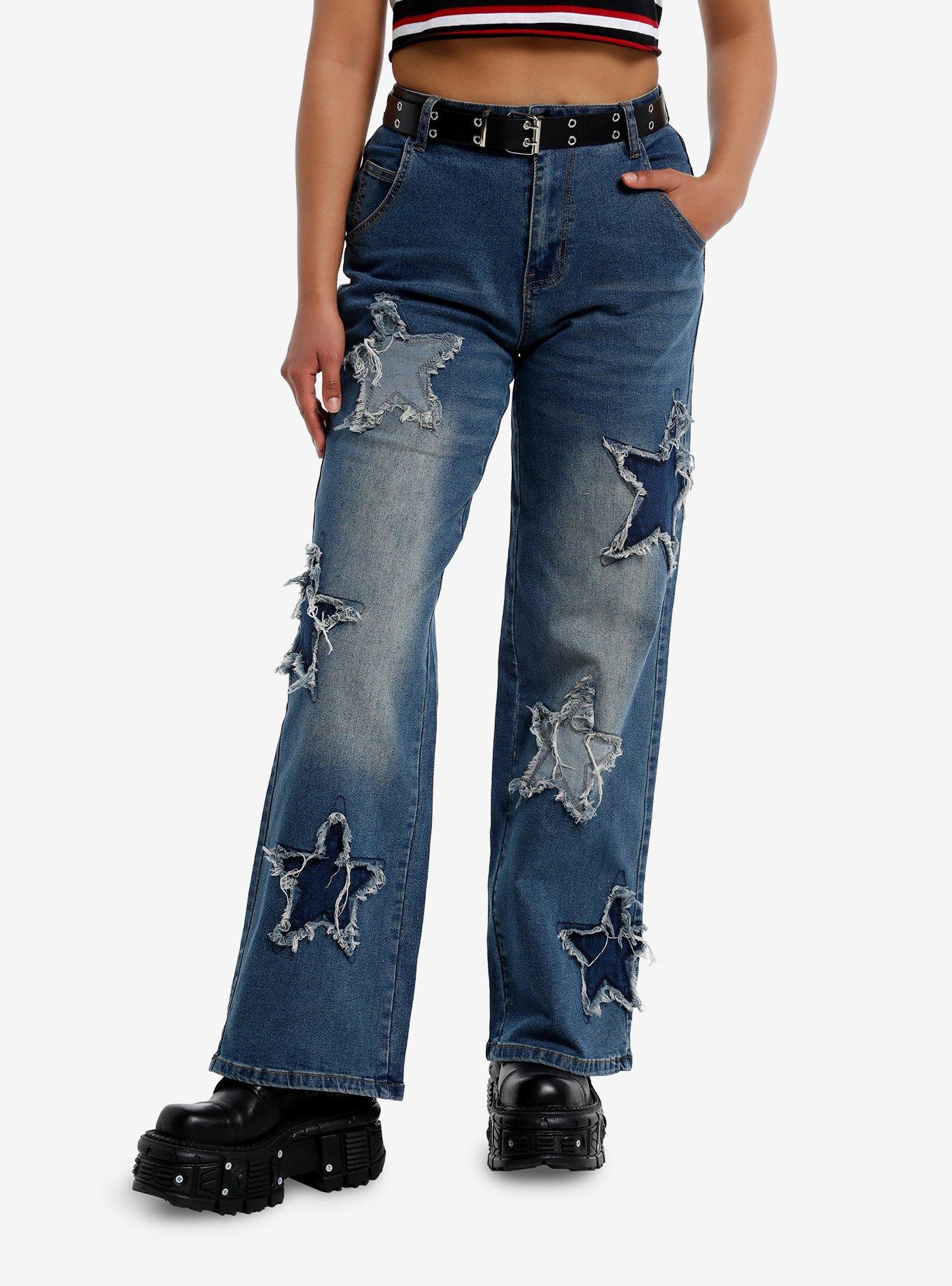 Two-Tone Indigo Star Patch Belted Wide Leg Jeans | Hot Topic